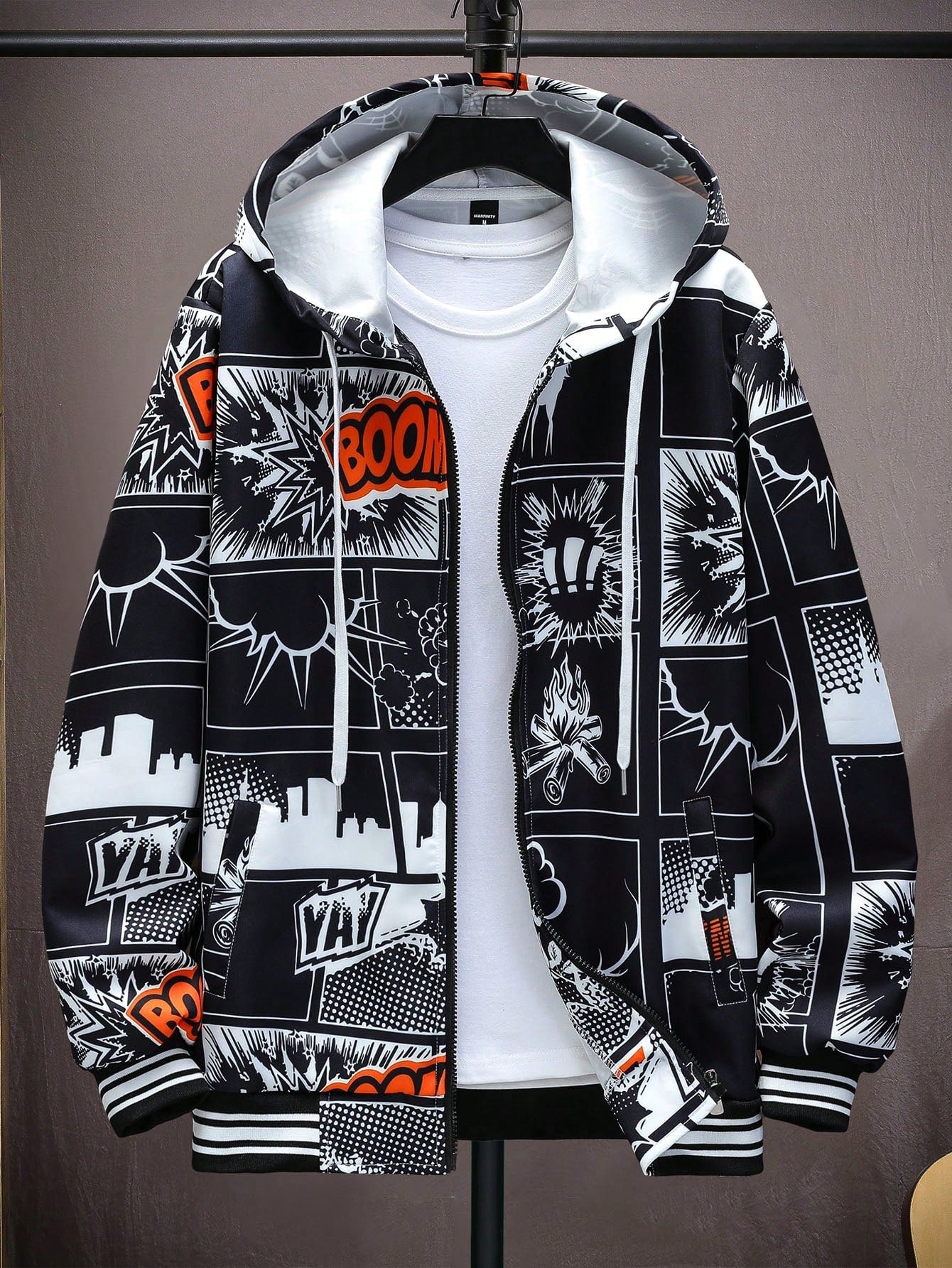 Men 1pc Pop Art Print Zip Up Drawstring Rave Hooded Jacket