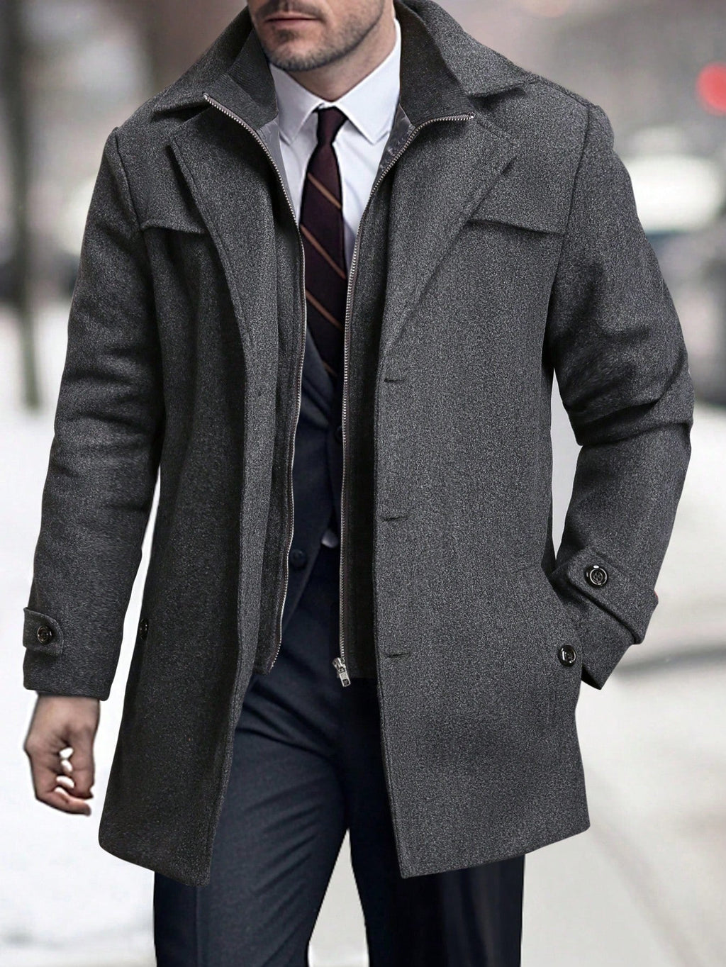 Men's Solid Color Lapel Neck Faux Two Pieces Long Sleeve Casual Woolen Jacket