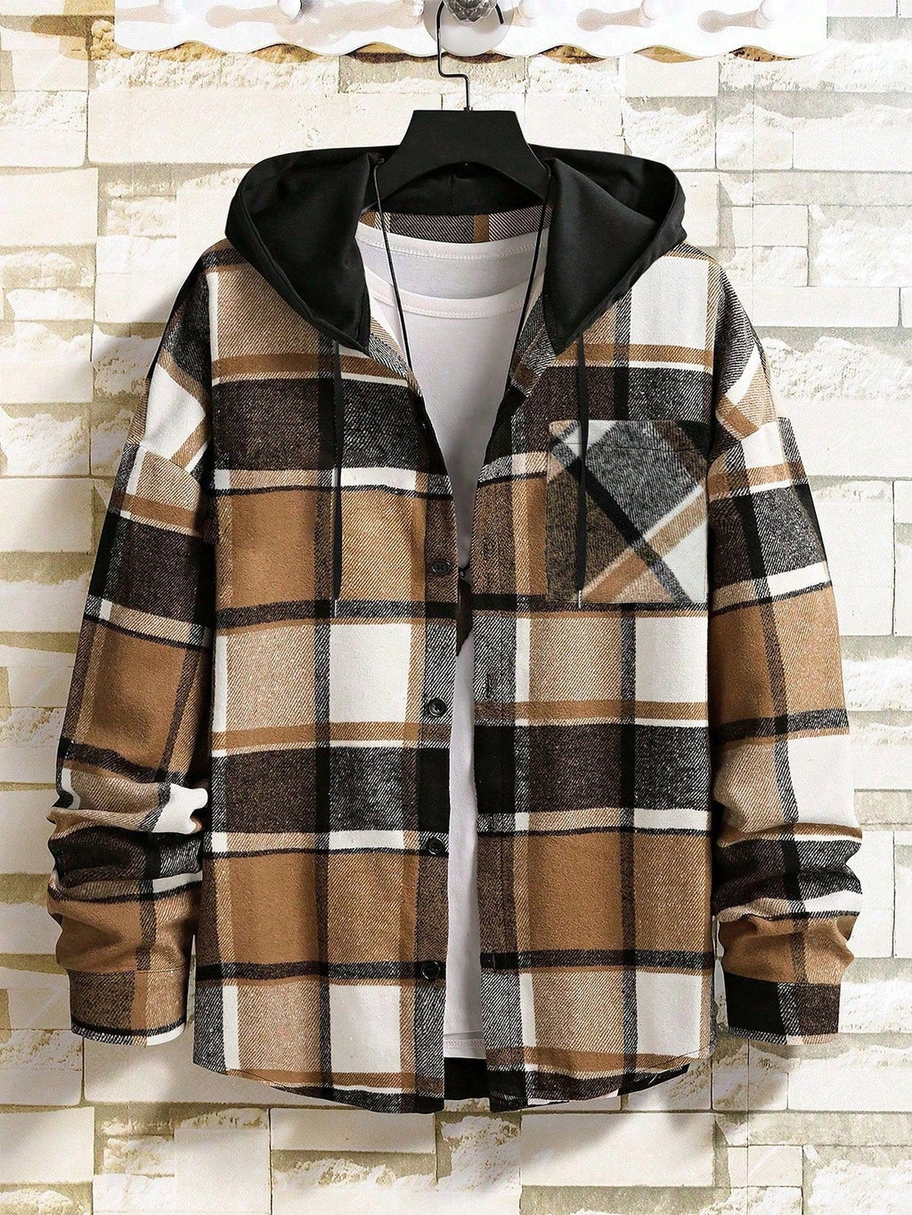 Men's Casual Collegiate Style Floral Print Patchwork Drawstring Hooded Shirt
