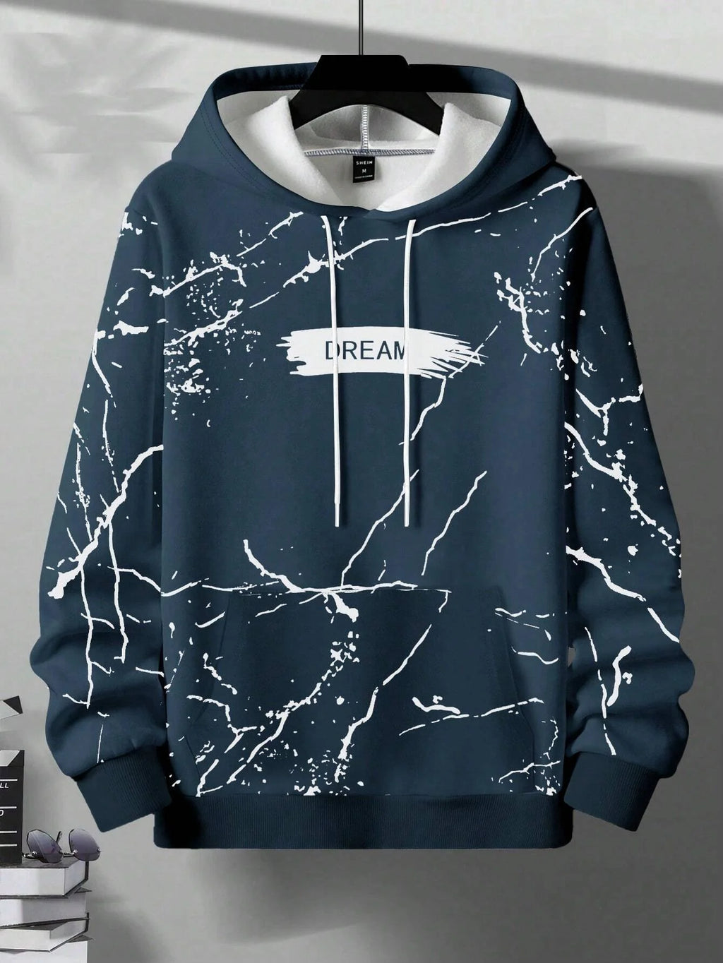 Men Loose Letter Printed Hooded Sweatshirt With Drawstring