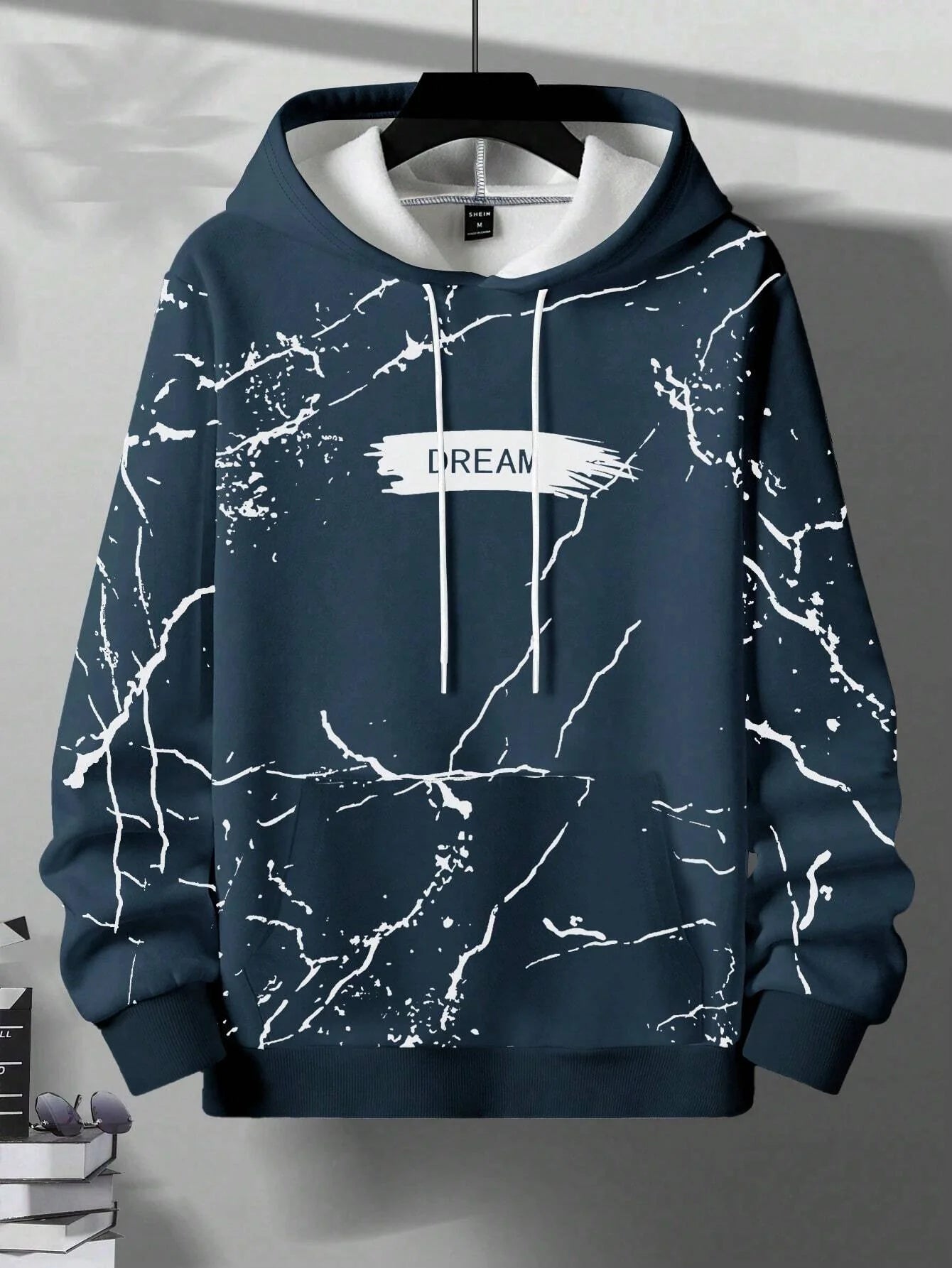 Men Loose Letter Printed Hooded Sweatshirt With Drawstring