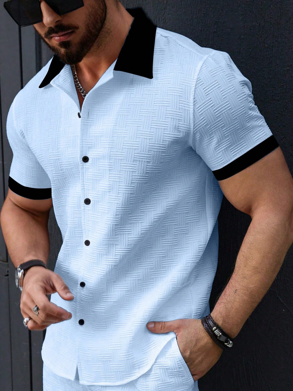 Men's Contrast Color Patchwork Front Button Casual Short Sleeve Shirt