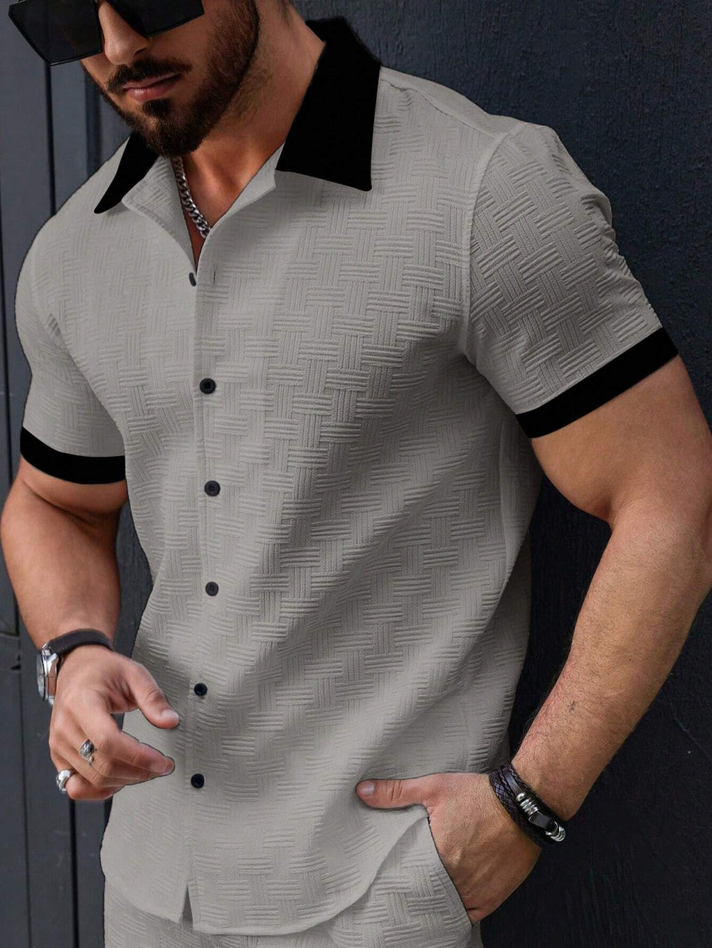 Men's Contrast Color Patchwork Front Button Casual Short Sleeve Shirt