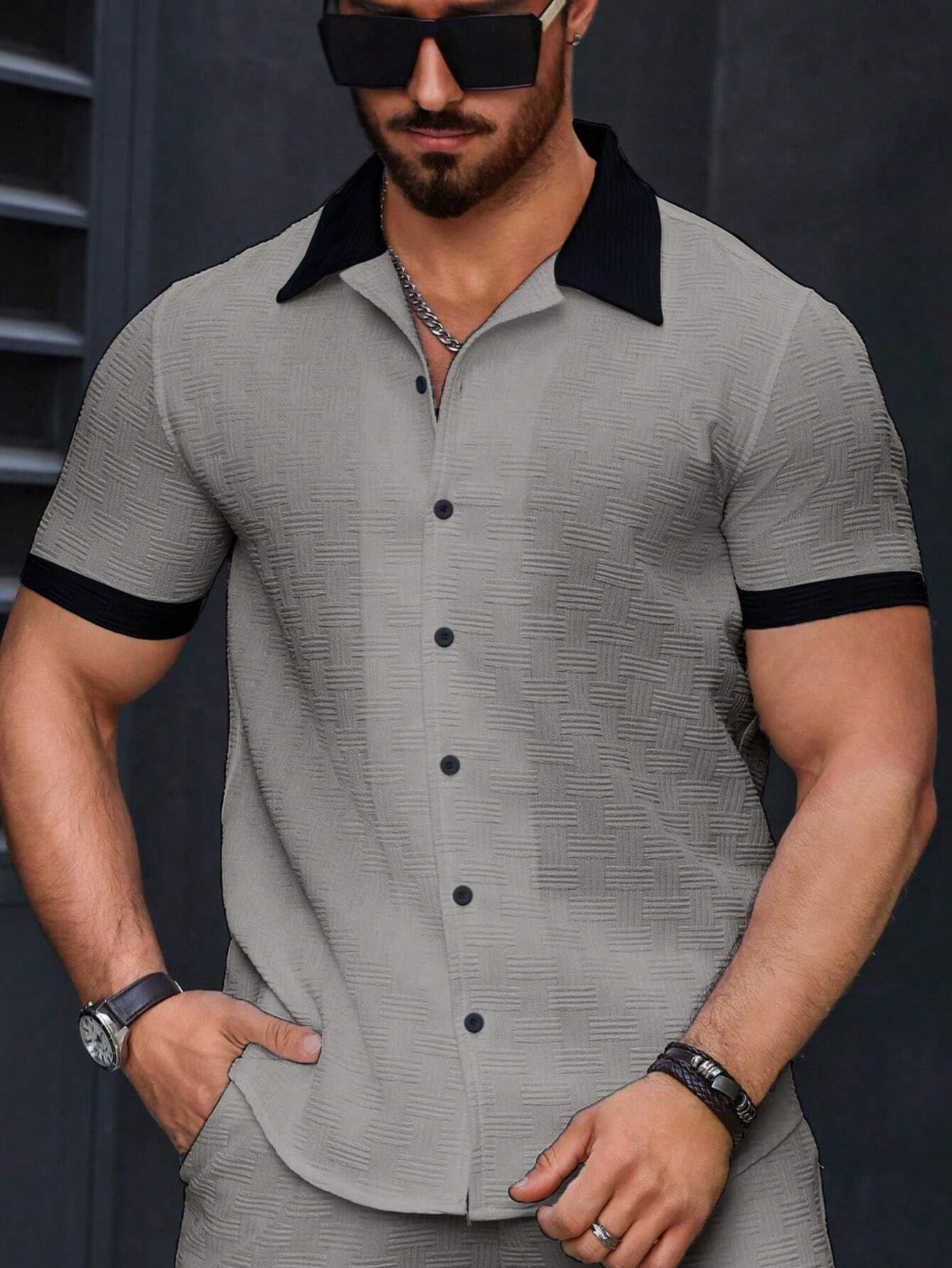 Men's Contrast Color Patchwork Front Button Casual Short Sleeve Shirt