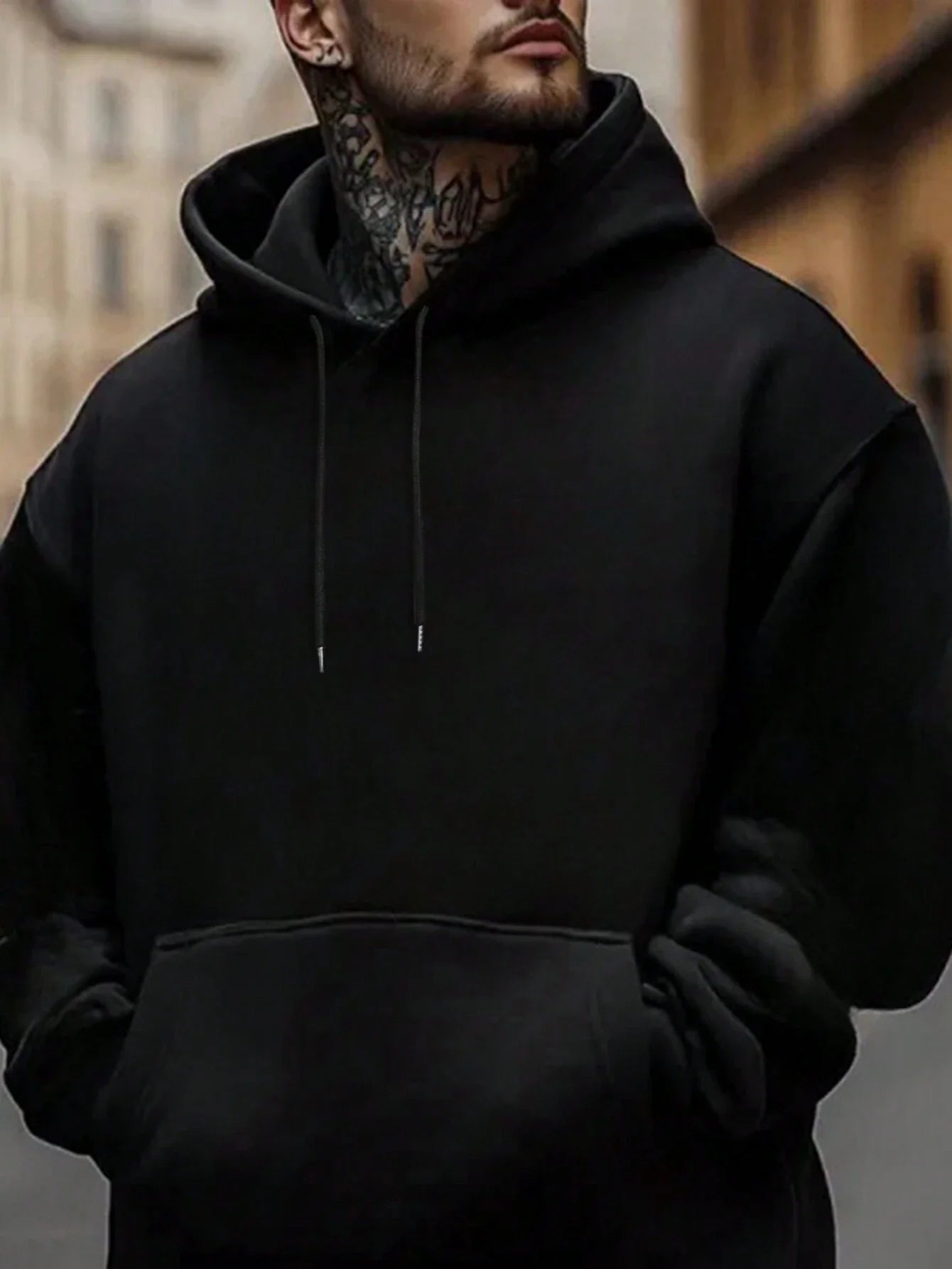 Men's Solid Color Drop Shoulder Long Sleeve Drawstring Pocket Casual Hoodie