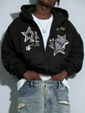 Men's Casual Star & Slogan Print Drawstring Hooded Sweatshirt