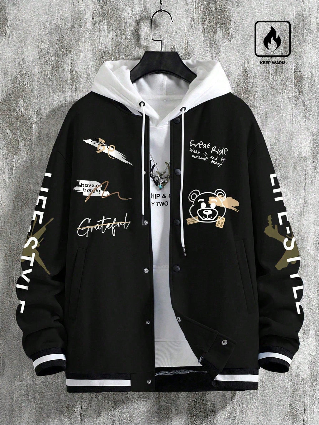 Men's Graffiti Printed Baseball Jacket, For Fall Winter