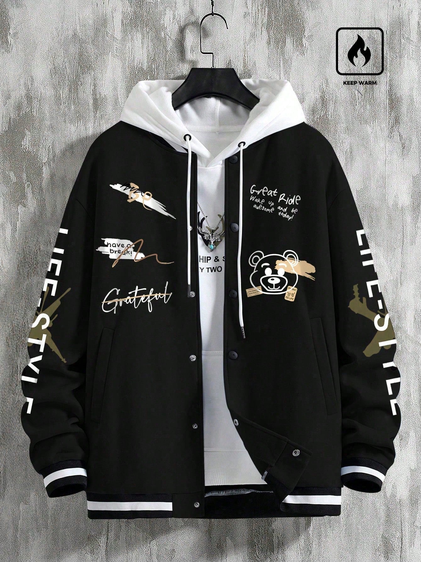 Men's Graffiti Printed Baseball Jacket, For Fall Winter