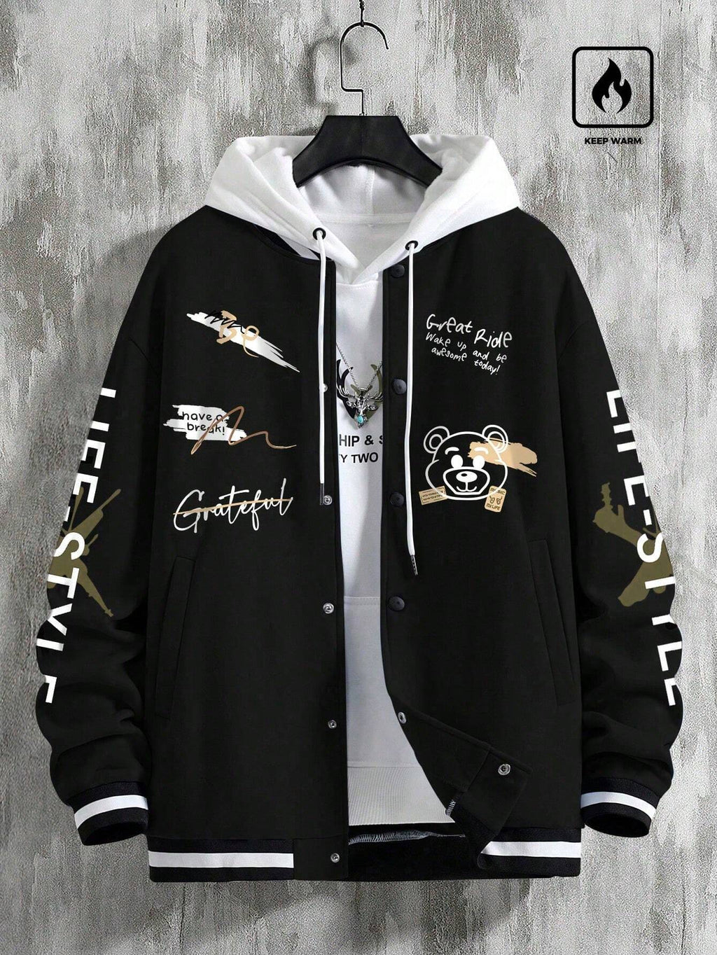 Men's Graffiti Printed Baseball Jacket, For Fall Winter