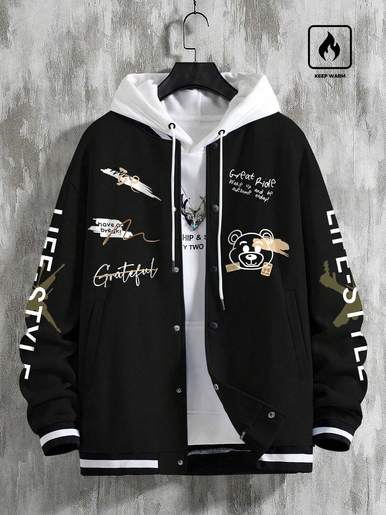 Men's Graffiti Printed Baseball Jacket, For Fall Winter