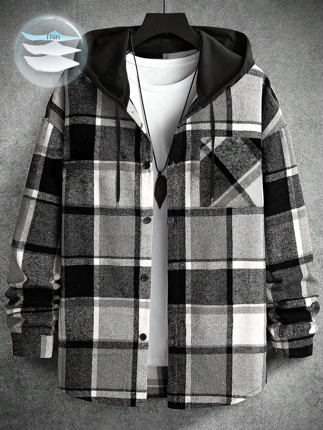 Men's Casual Collegiate Style Floral Print Patchwork Drawstring Hooded Shirt