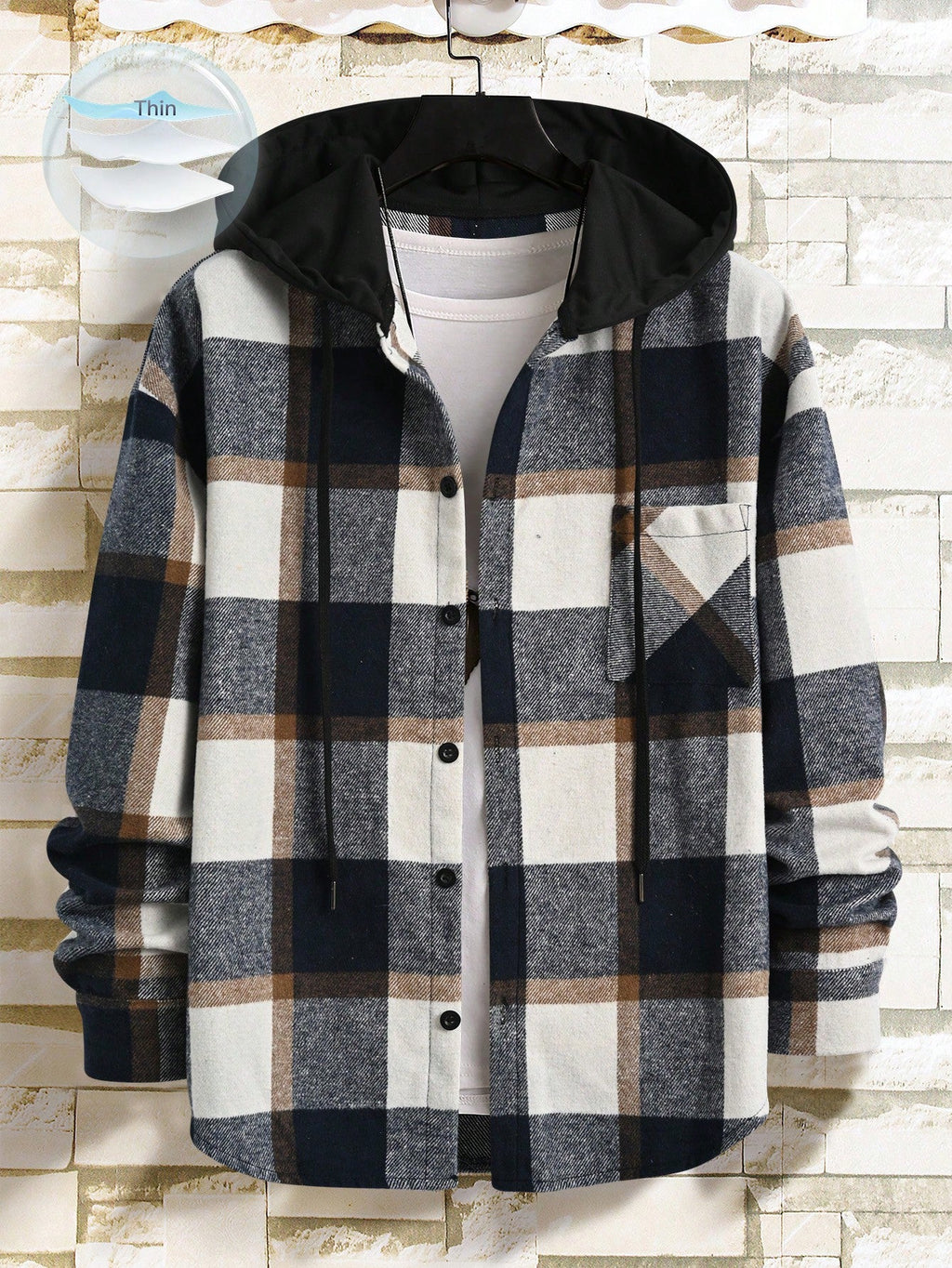 Men's Casual Collegiate Style Floral Print Patchwork Drawstring Hooded Shirt
