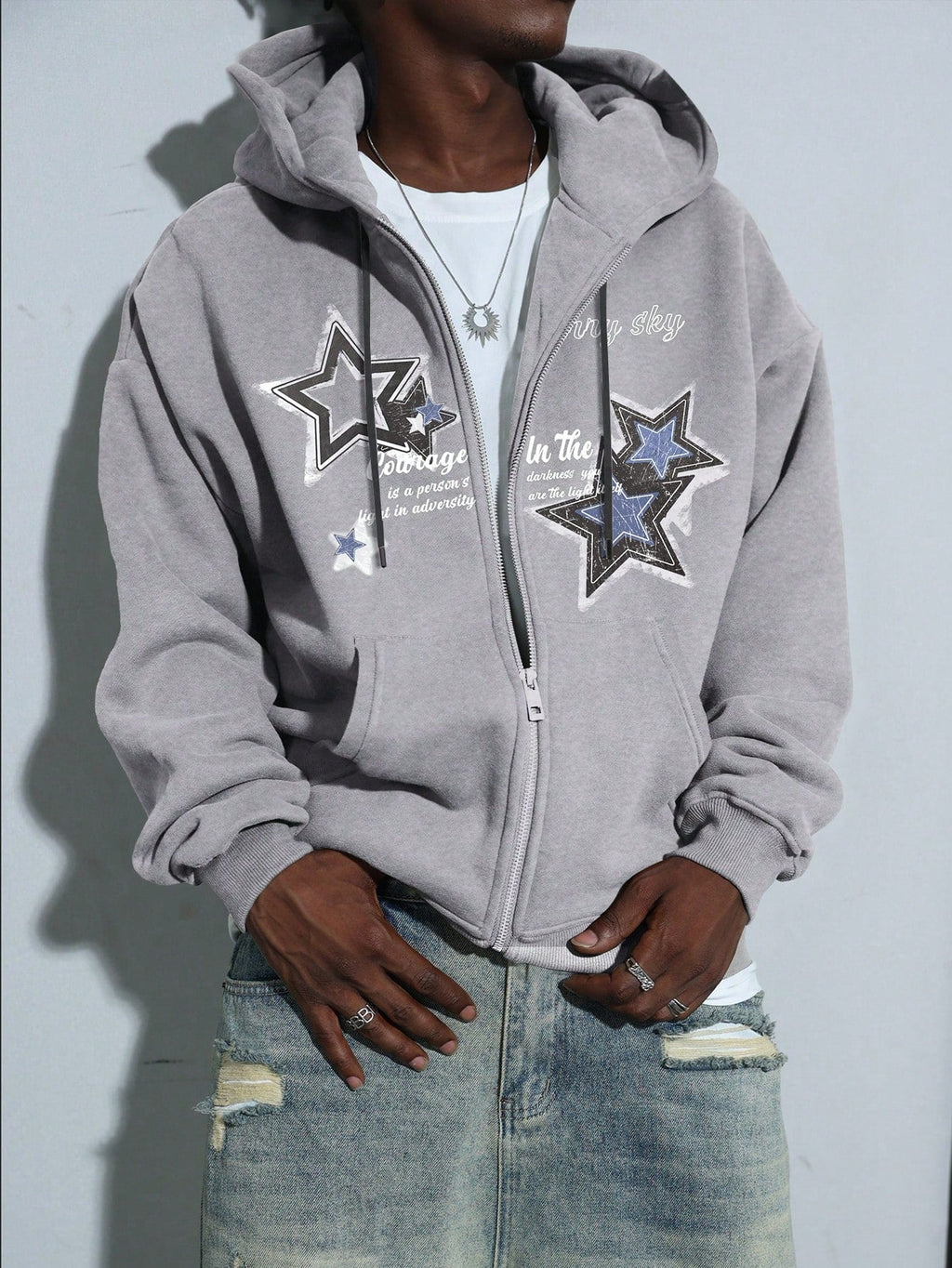 Men's Casual Star & Slogan Print Drawstring Hooded Sweatshirt
