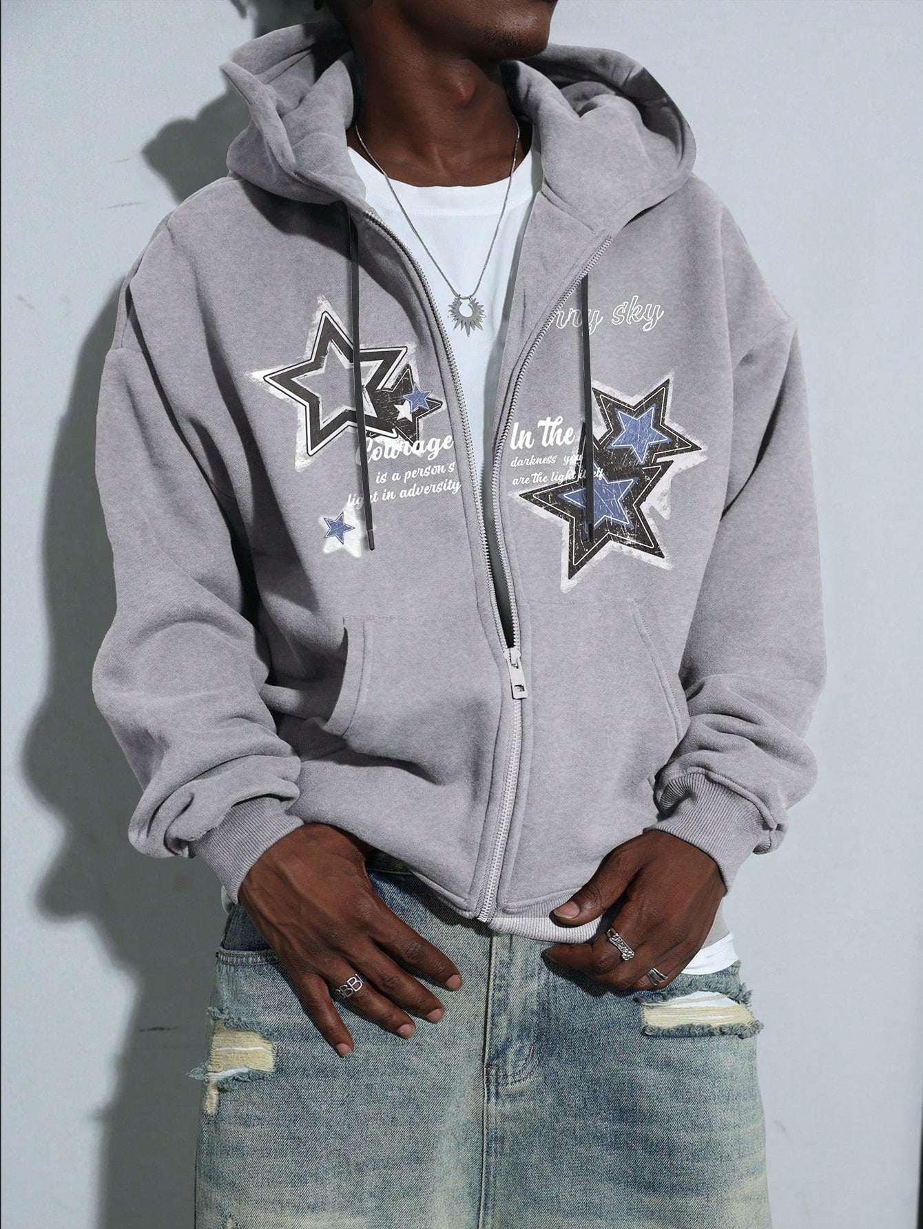 Men's Casual Star & Slogan Print Drawstring Hooded Sweatshirt