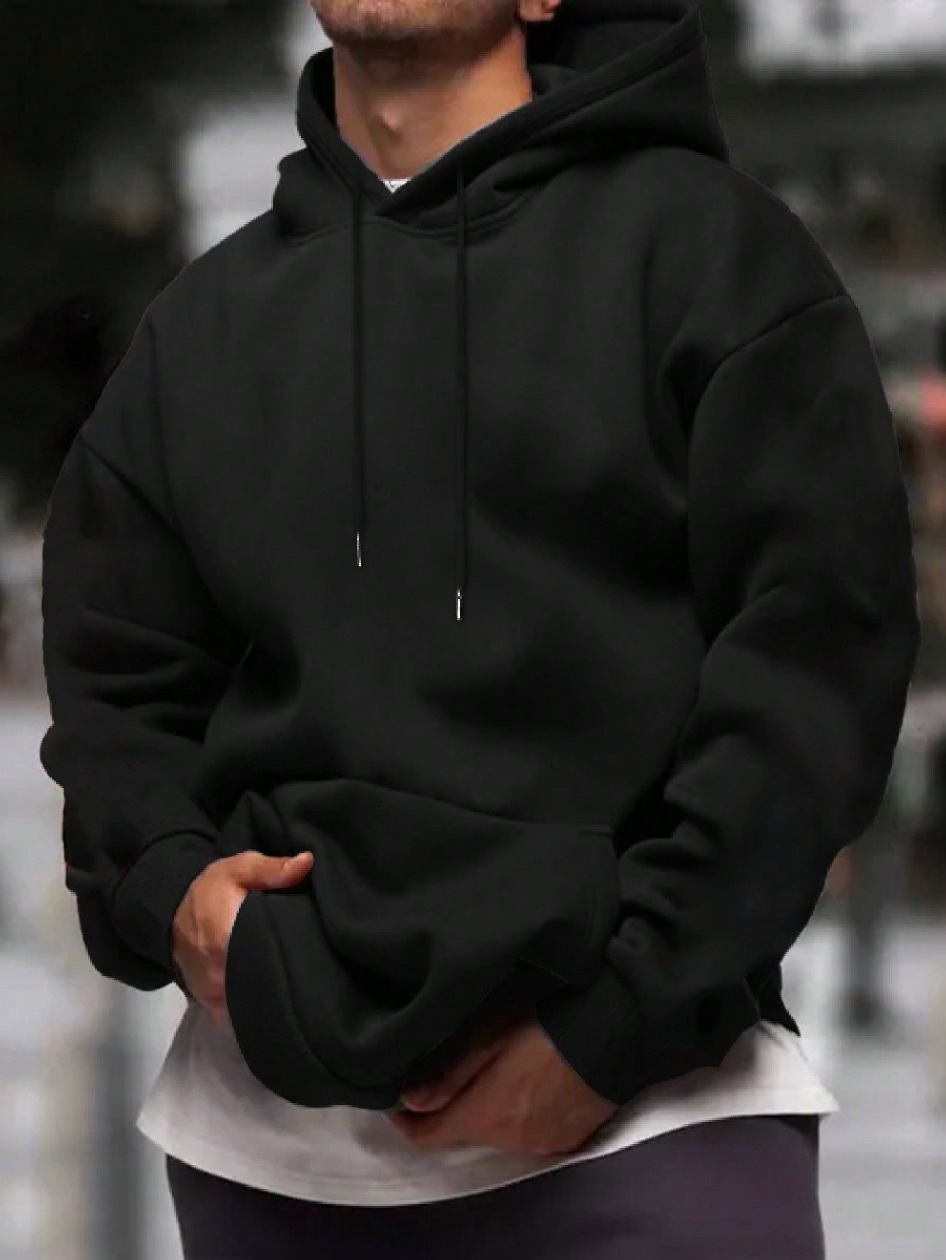 Men's Solid Color Drop Shoulder Long Sleeve Drawstring Pocket Casual Hoodie