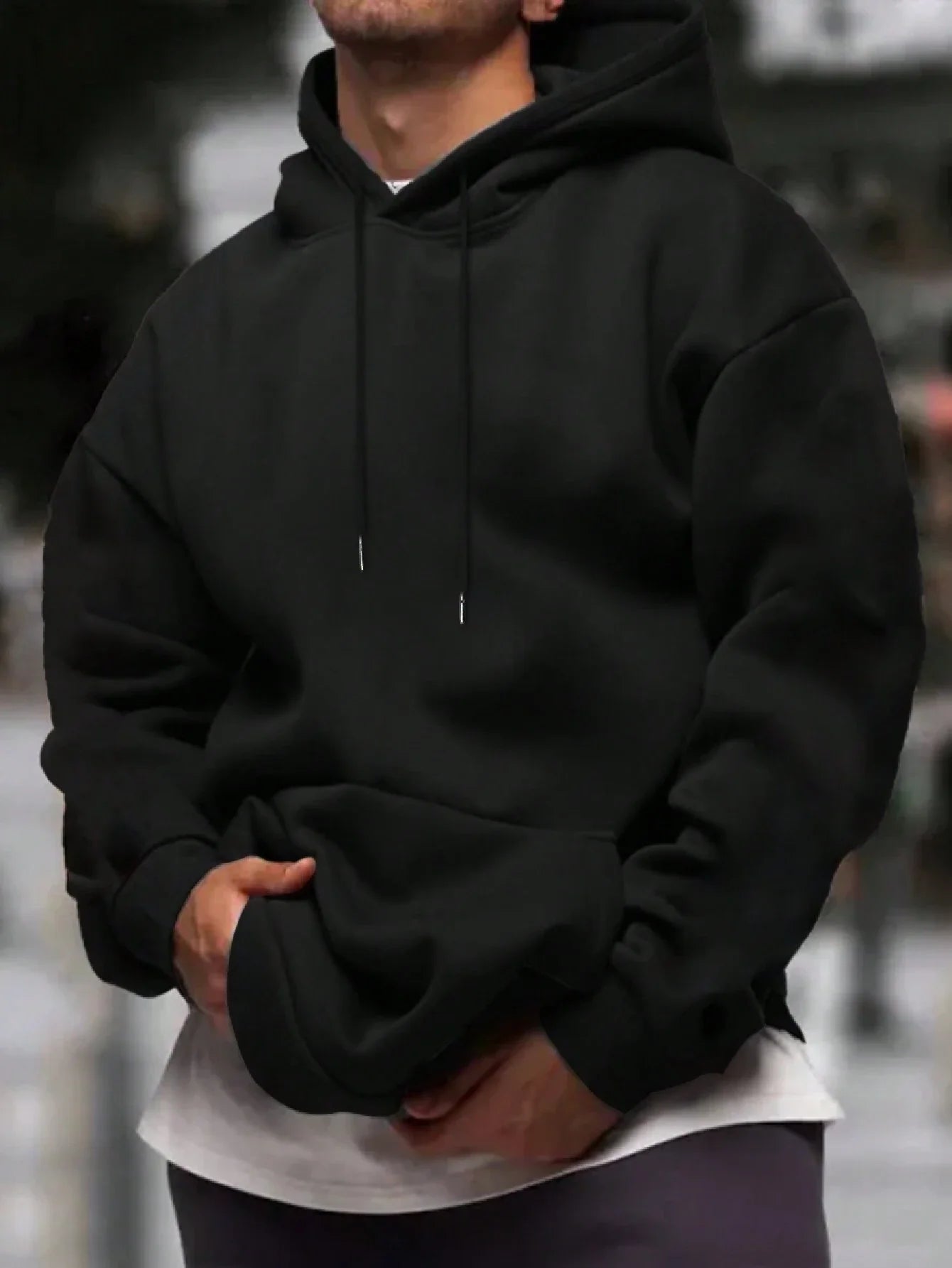 Men's Solid Color Drop Shoulder Long Sleeve Drawstring Pocket Casual Hoodie