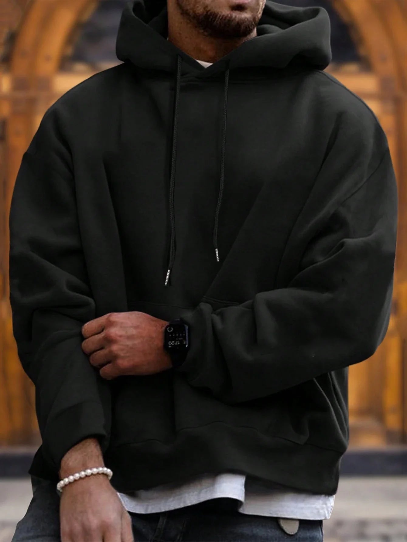 Men's Solid Color Drop Shoulder Long Sleeve Drawstring Pocket Casual Hoodie