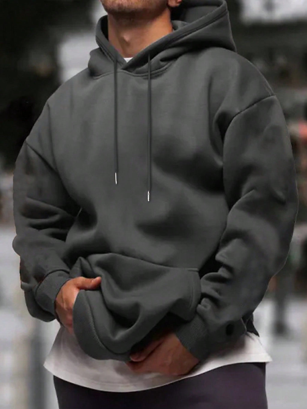 Men's Solid Color Drop Shoulder Long Sleeve Drawstring Pocket Casual Hoodie