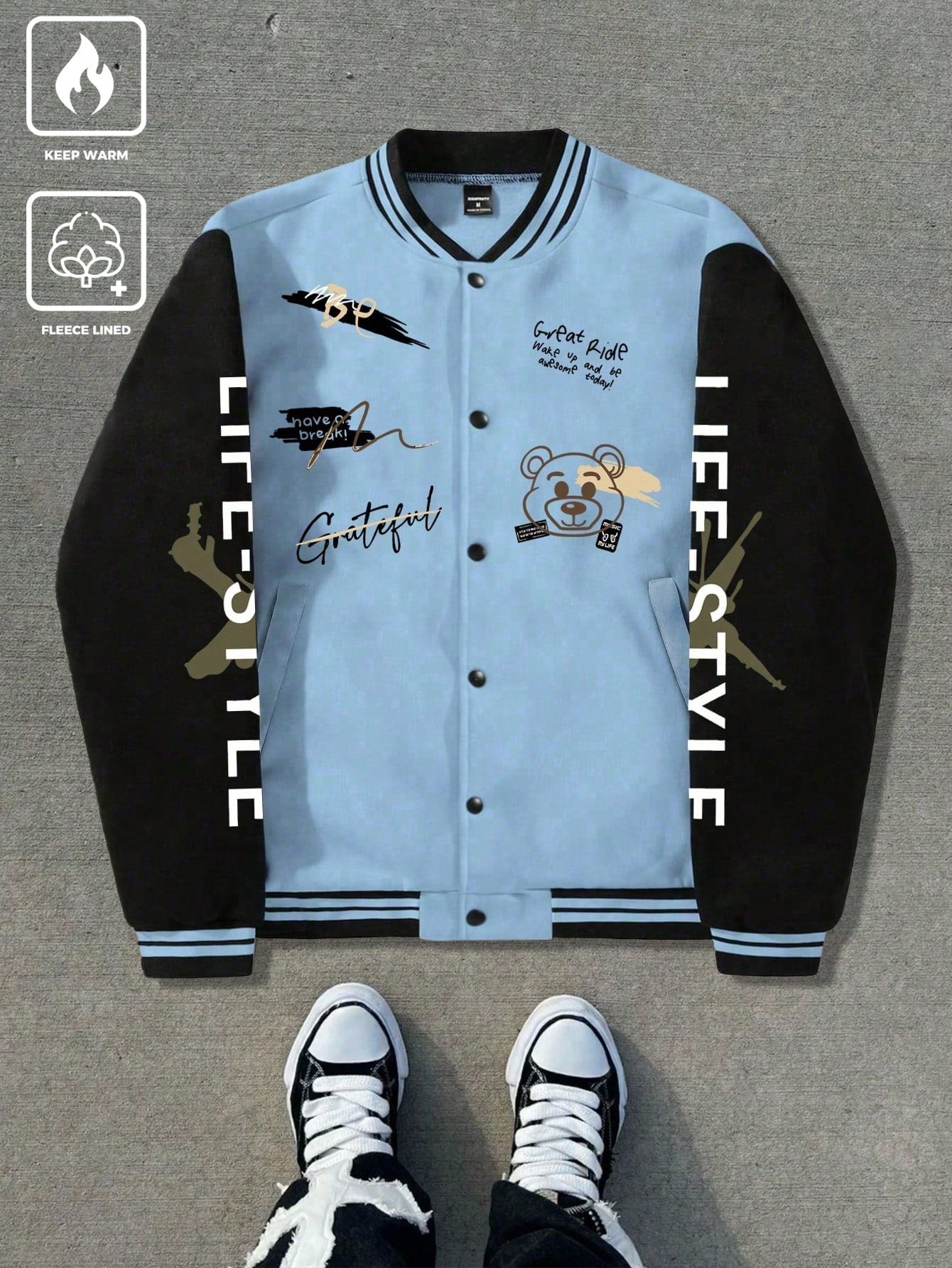 Men's Graffiti Printed Baseball Jacket, For Fall Winter
