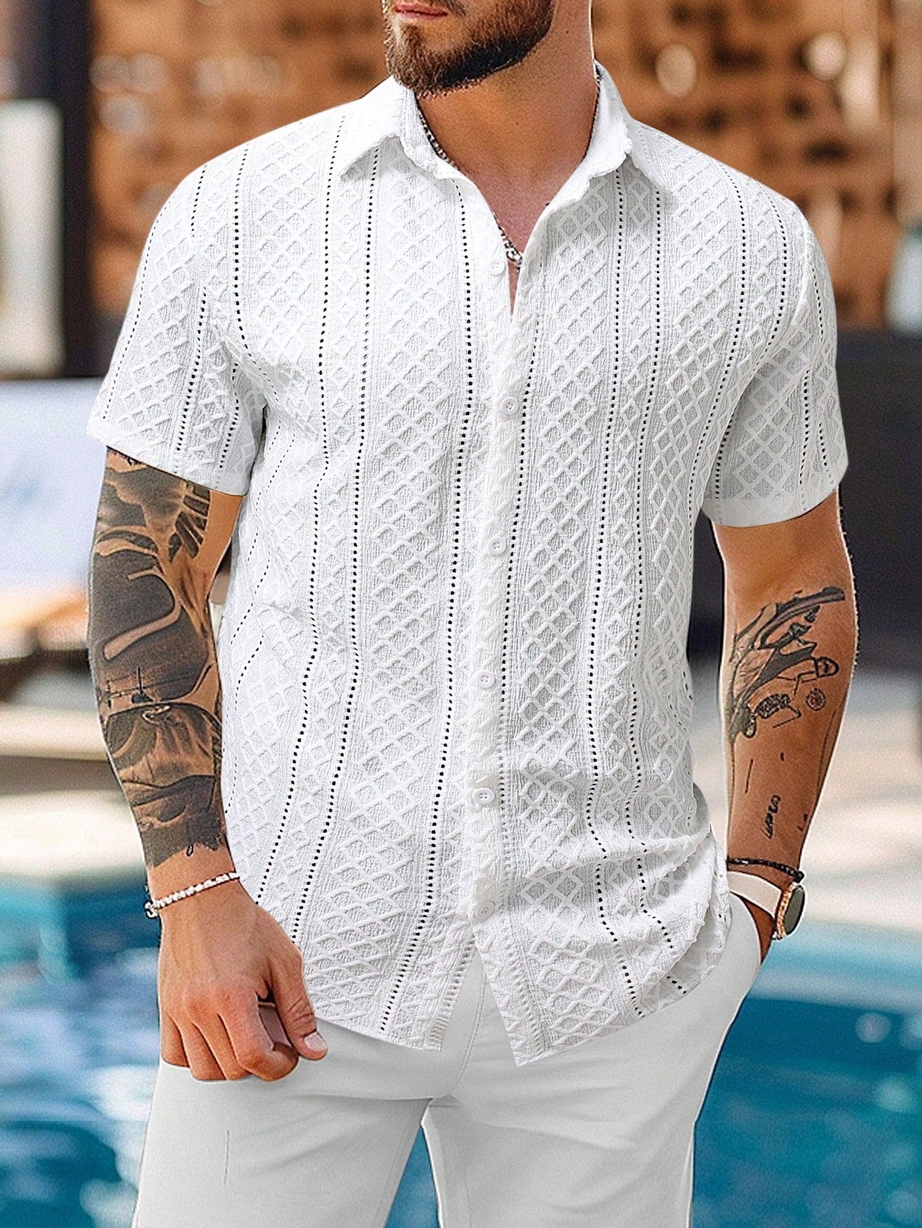 Men's Geometric Jacquard Single-Breasted Casual Short Sleeve Shirt