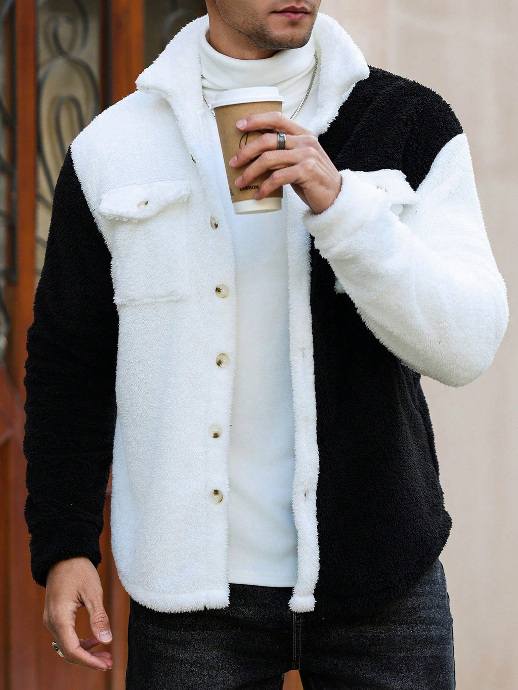 Men's Solid Color Contrast Trim Button Front Pocket Furry Long Sleeve Casual Jacket