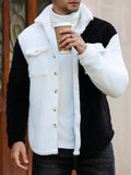 Men's Solid Color Contrast Trim Button Front Pocket Furry Long Sleeve Casual Jacket