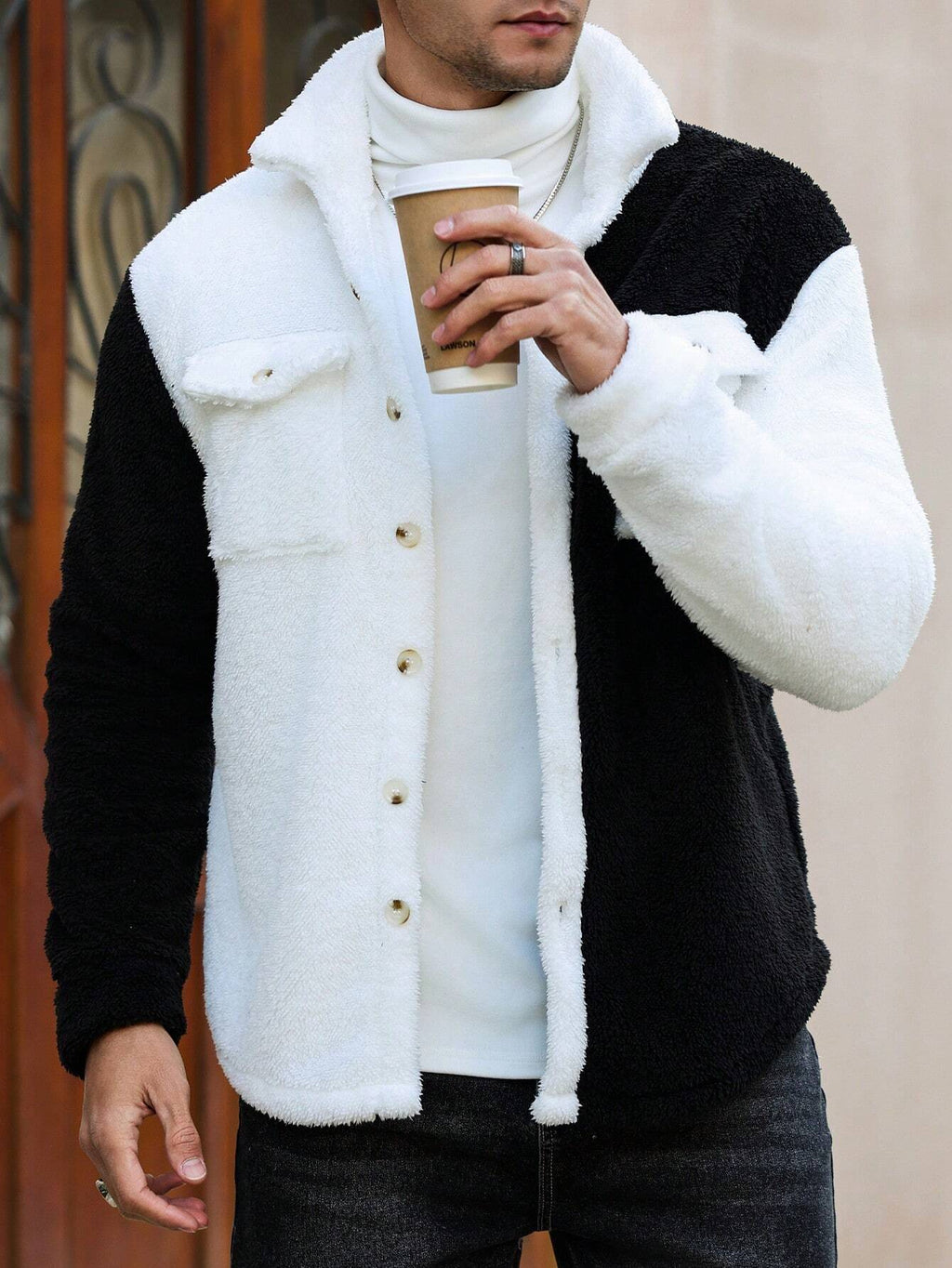 Men's Solid Color Contrast Trim Button Front Pocket Furry Long Sleeve Casual Jacket