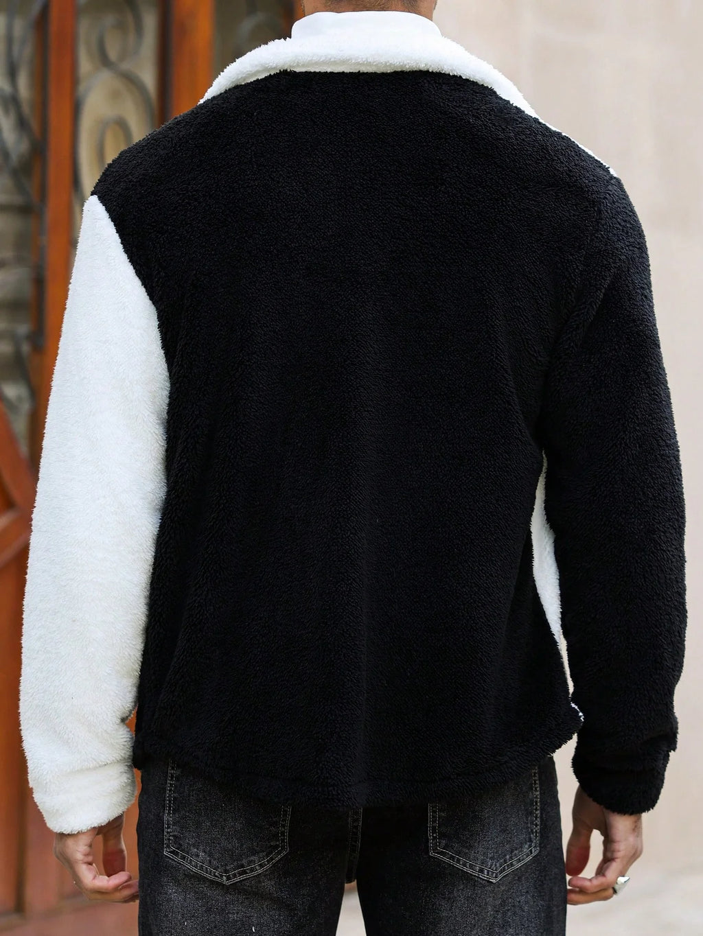 Men's Solid Color Contrast Trim Button Front Pocket Furry Long Sleeve Casual Jacket