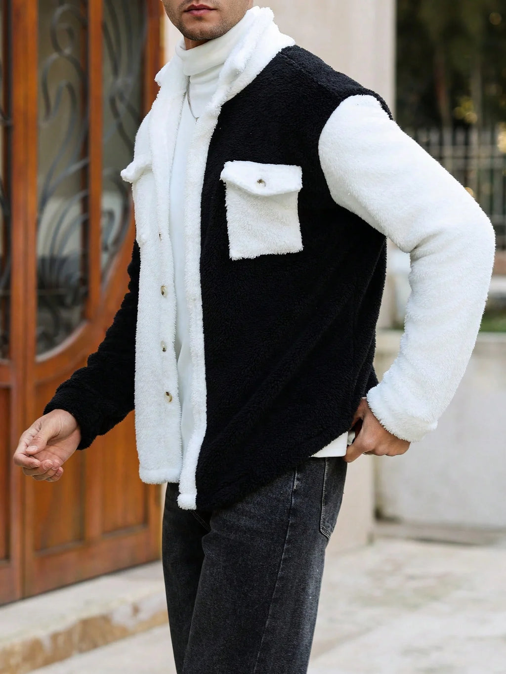Men's Solid Color Contrast Trim Button Front Pocket Furry Long Sleeve Casual Jacket