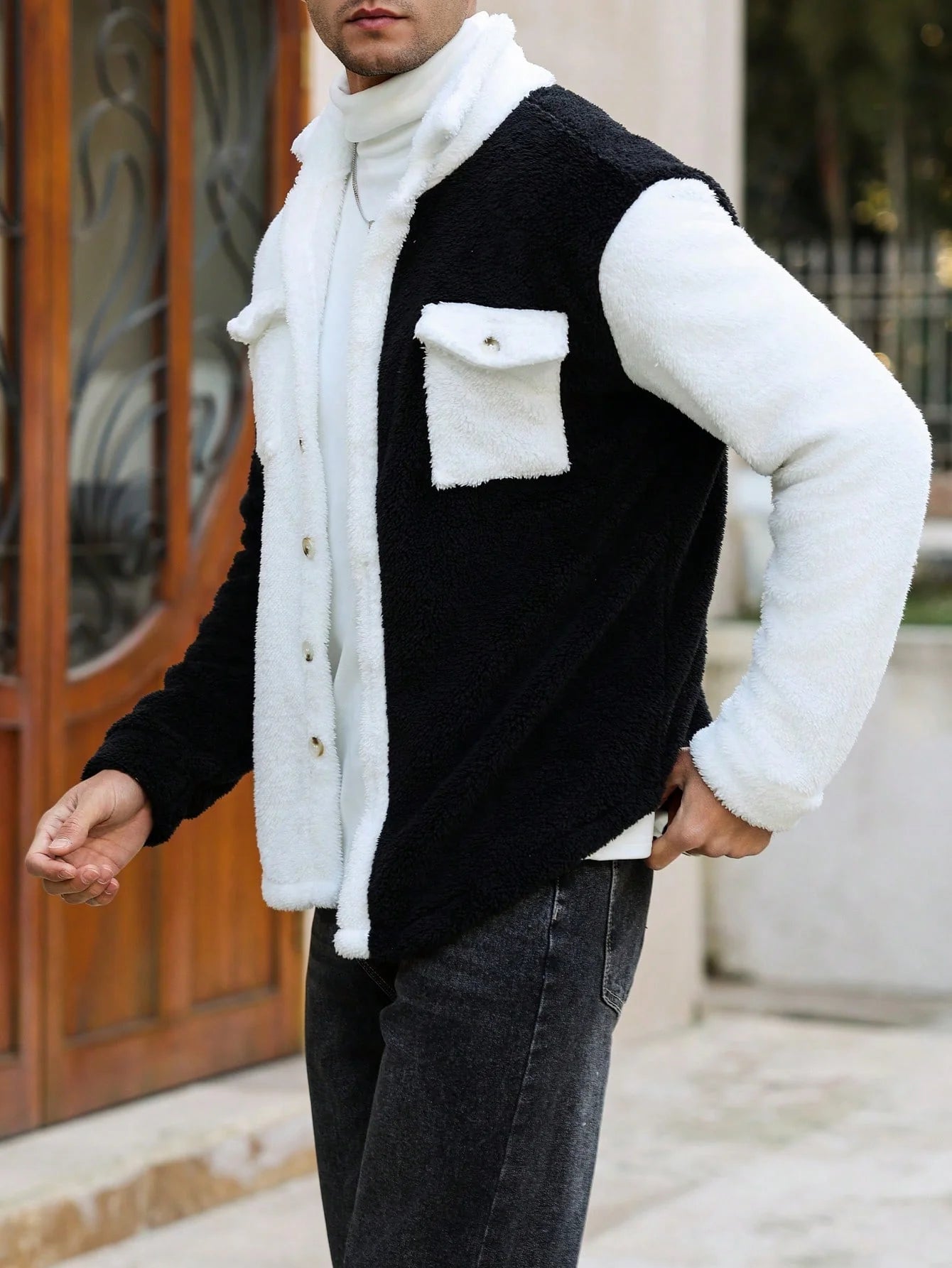 Men's Solid Color Contrast Trim Button Front Pocket Furry Long Sleeve Casual Jacket