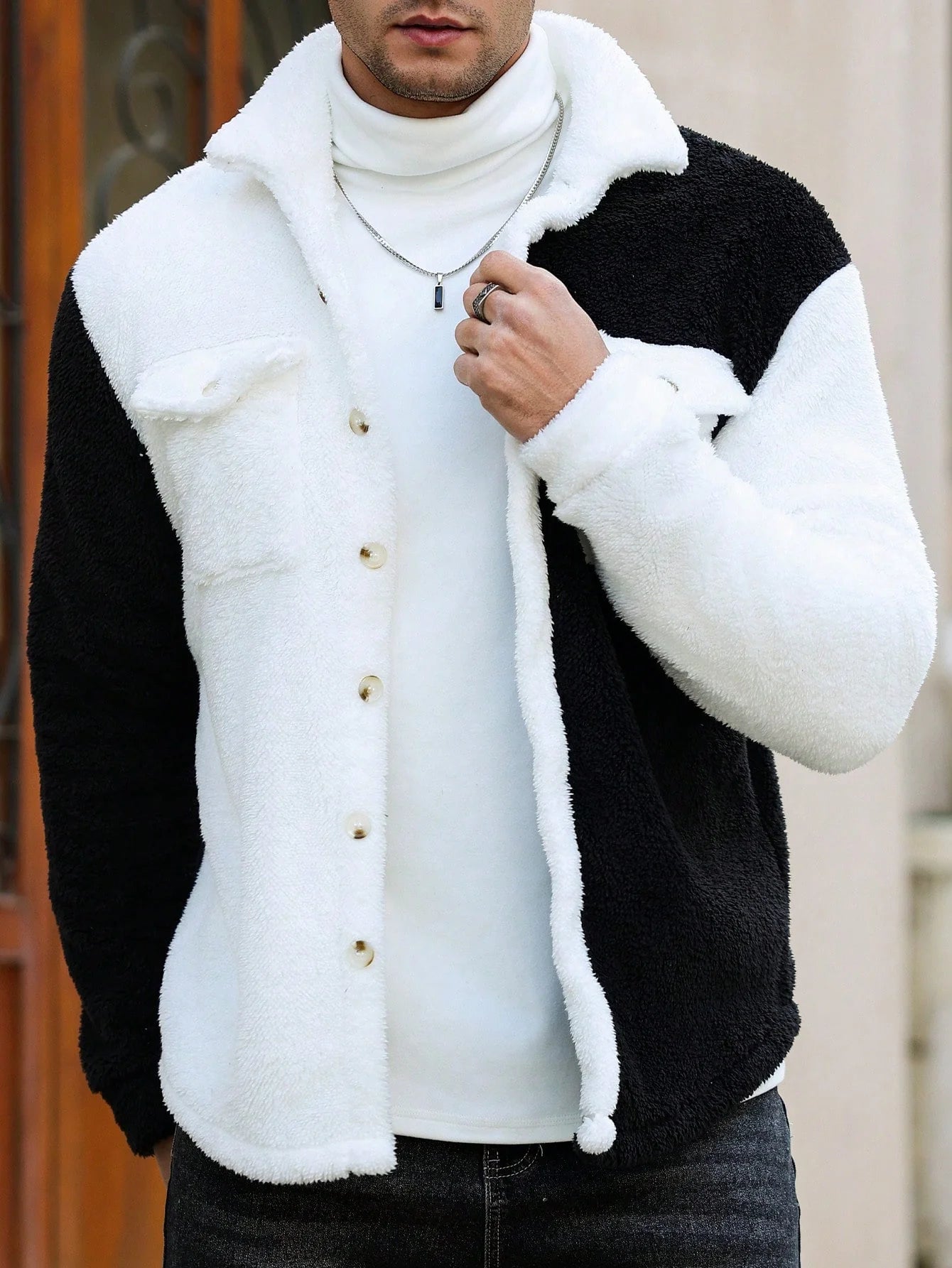 Men's Solid Color Contrast Trim Button Front Pocket Furry Long Sleeve Casual Jacket
