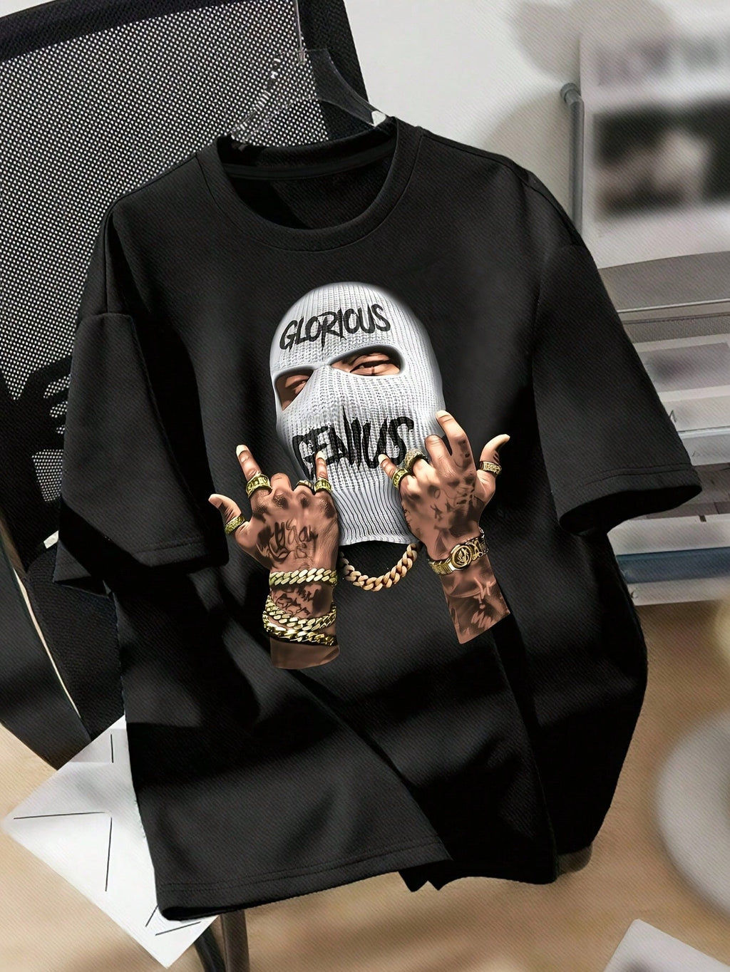 Men's Fashion Masked Person Print Round Neck Short Sleeve T-Shirt