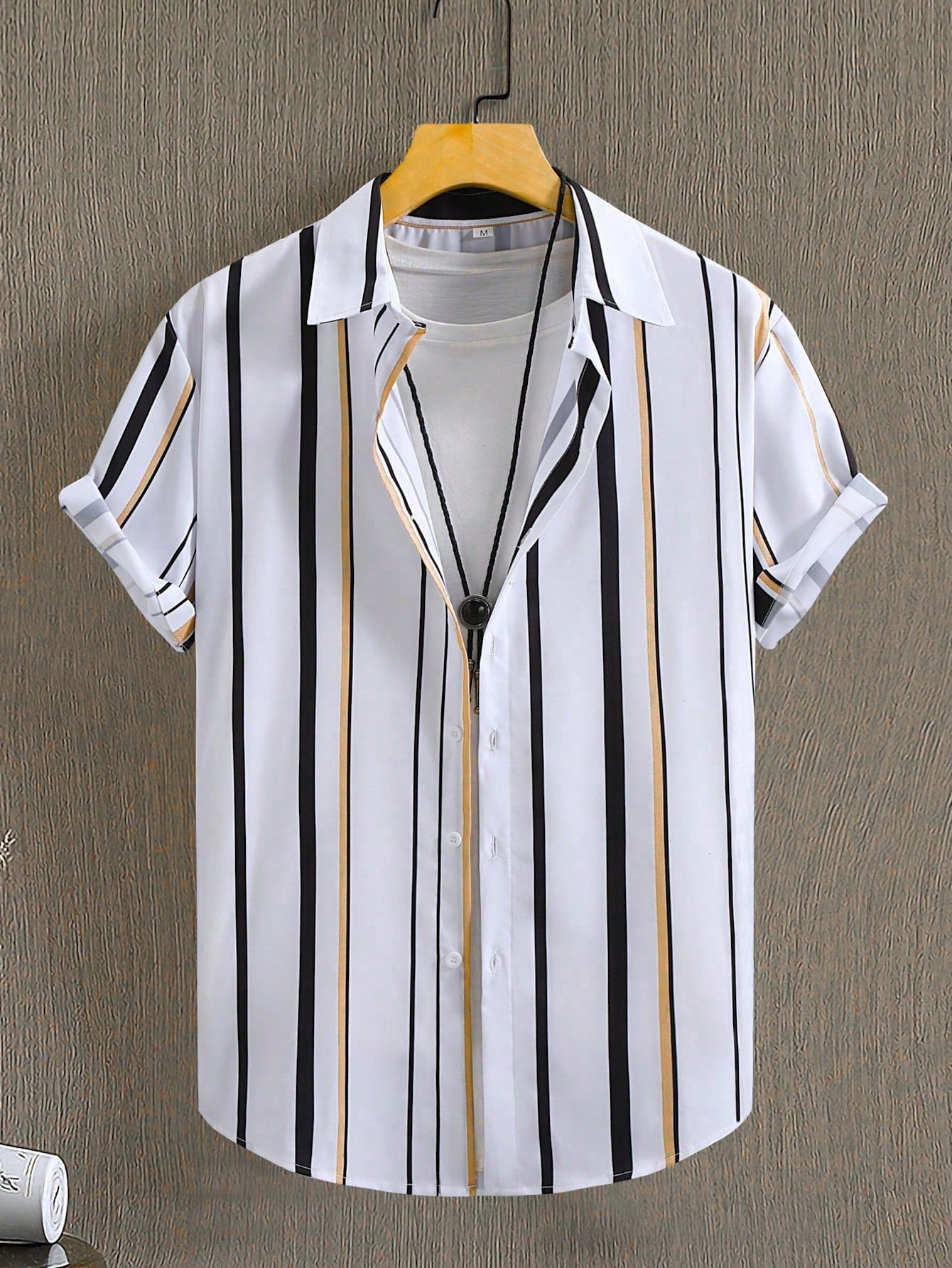 Men Vertical Striped Shirt Without Tee , Slim Fit Short Sleeve Stripe Shirt