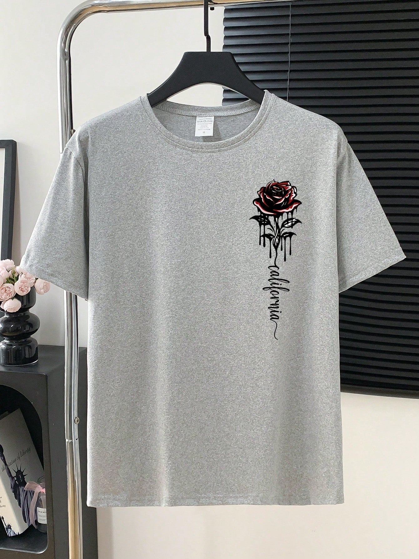 Men's Letter & Rose Graphic Round Neck Short Sleeve Casual T-Shirt