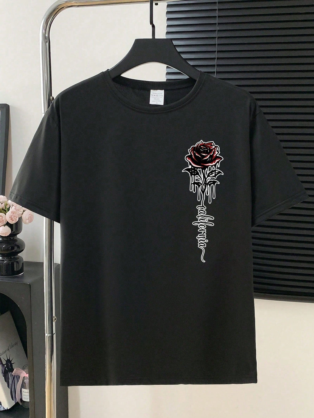 Men's Letter & Rose Graphic Round Neck Short Sleeve Casual T-Shirt