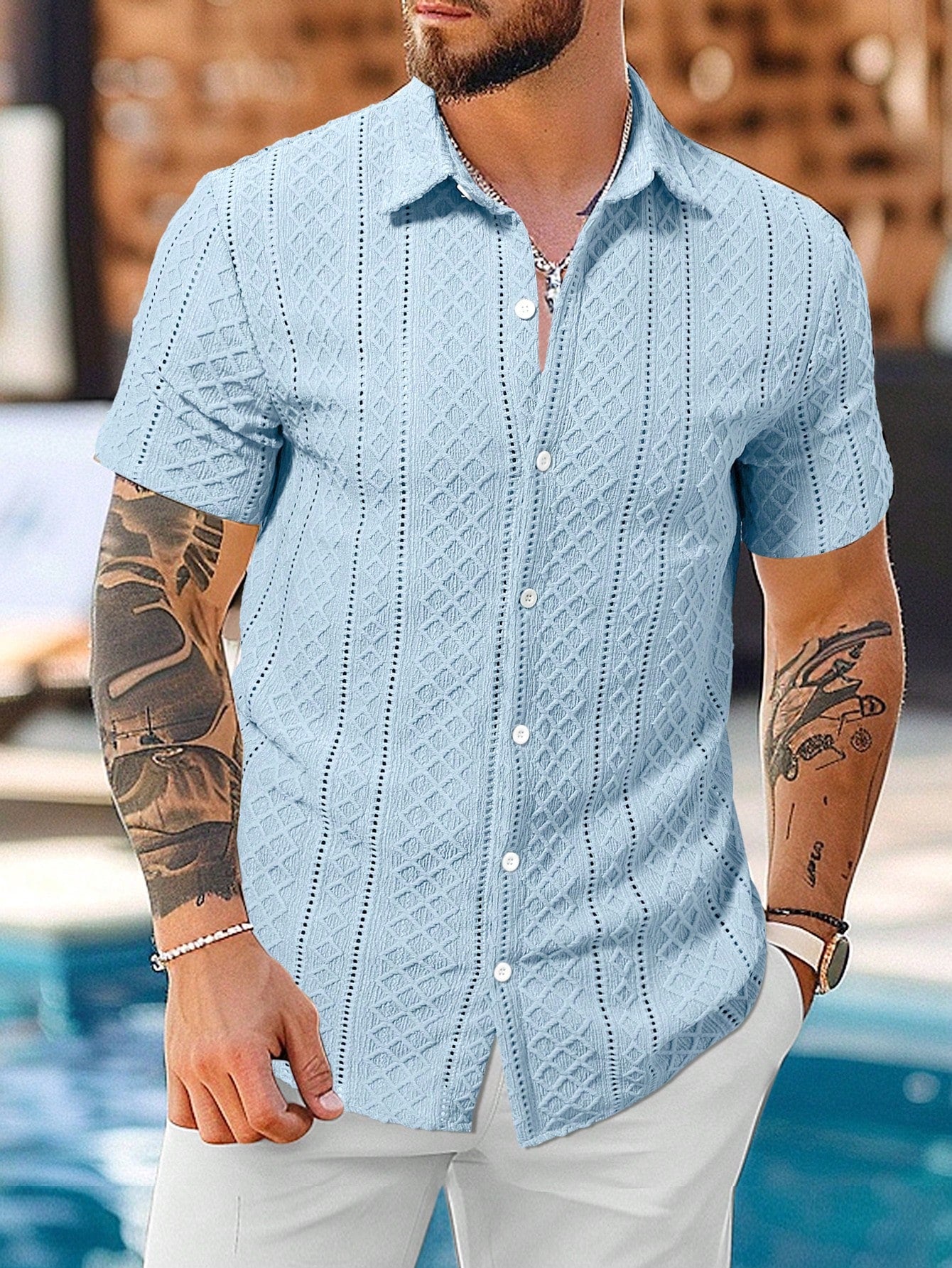 Men's Geometric Jacquard Single-Breasted Casual Short Sleeve Shirt