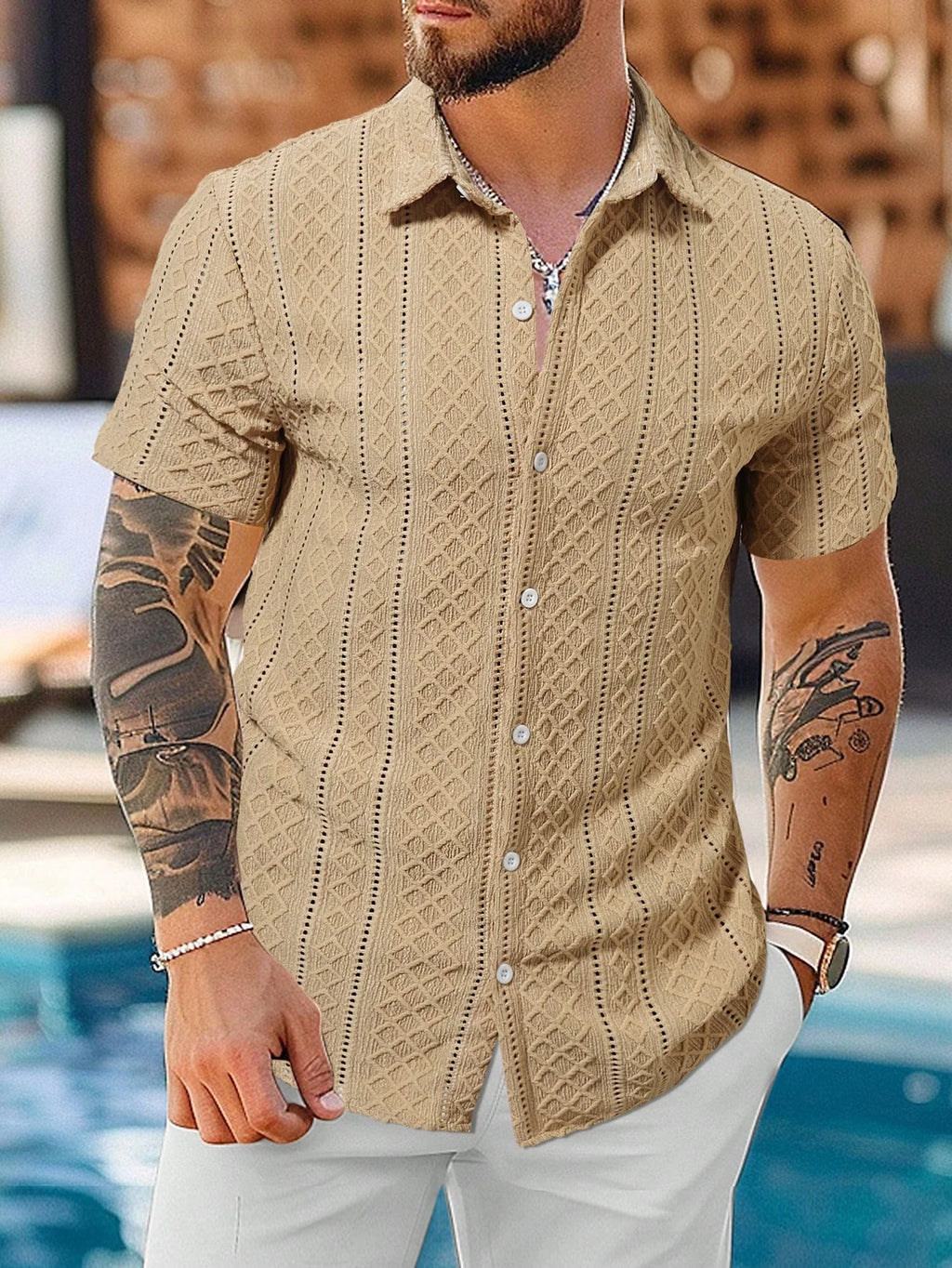 Men's Geometric Jacquard Single-Breasted Casual Short Sleeve Shirt