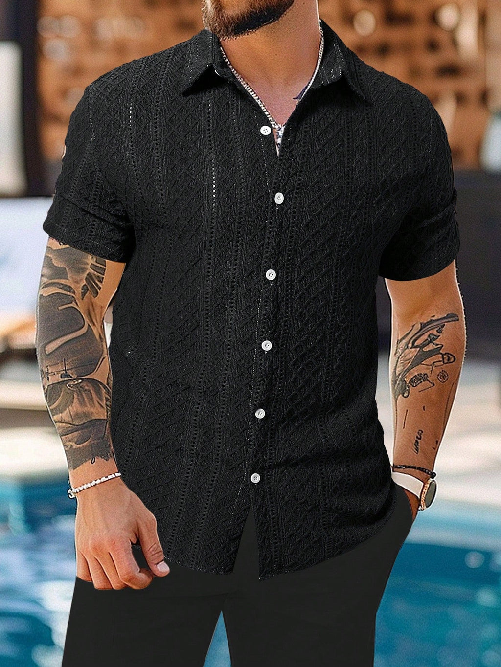 Men's Geometric Jacquard Single-Breasted Casual Short Sleeve Shirt