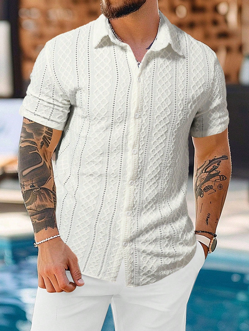 Men's Geometric Jacquard Single-Breasted Casual Short Sleeve Shirt