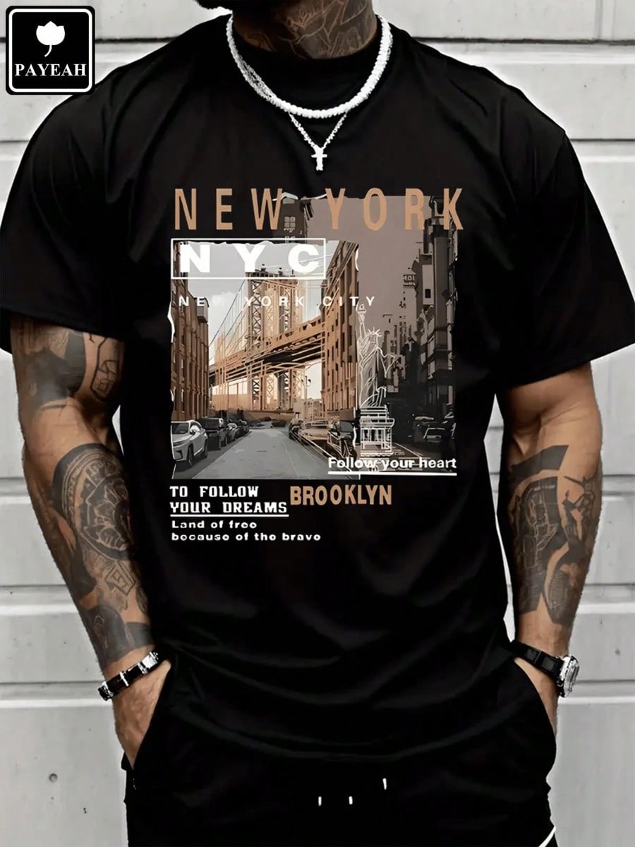 Men's Casual Cotton Streetwear Street View Of Brooklyn New York T-Shirt