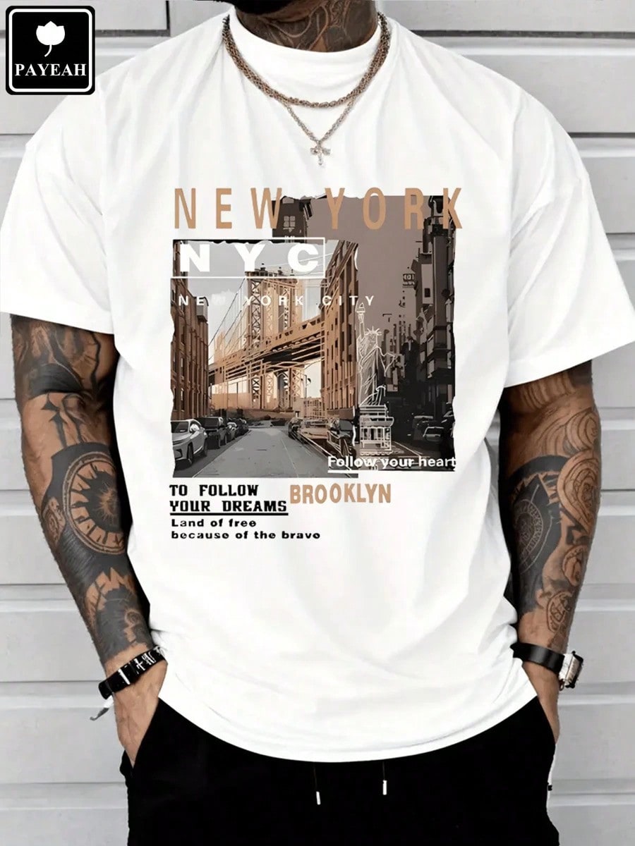Men's Casual Cotton Streetwear Street View Of Brooklyn New York T-Shirt