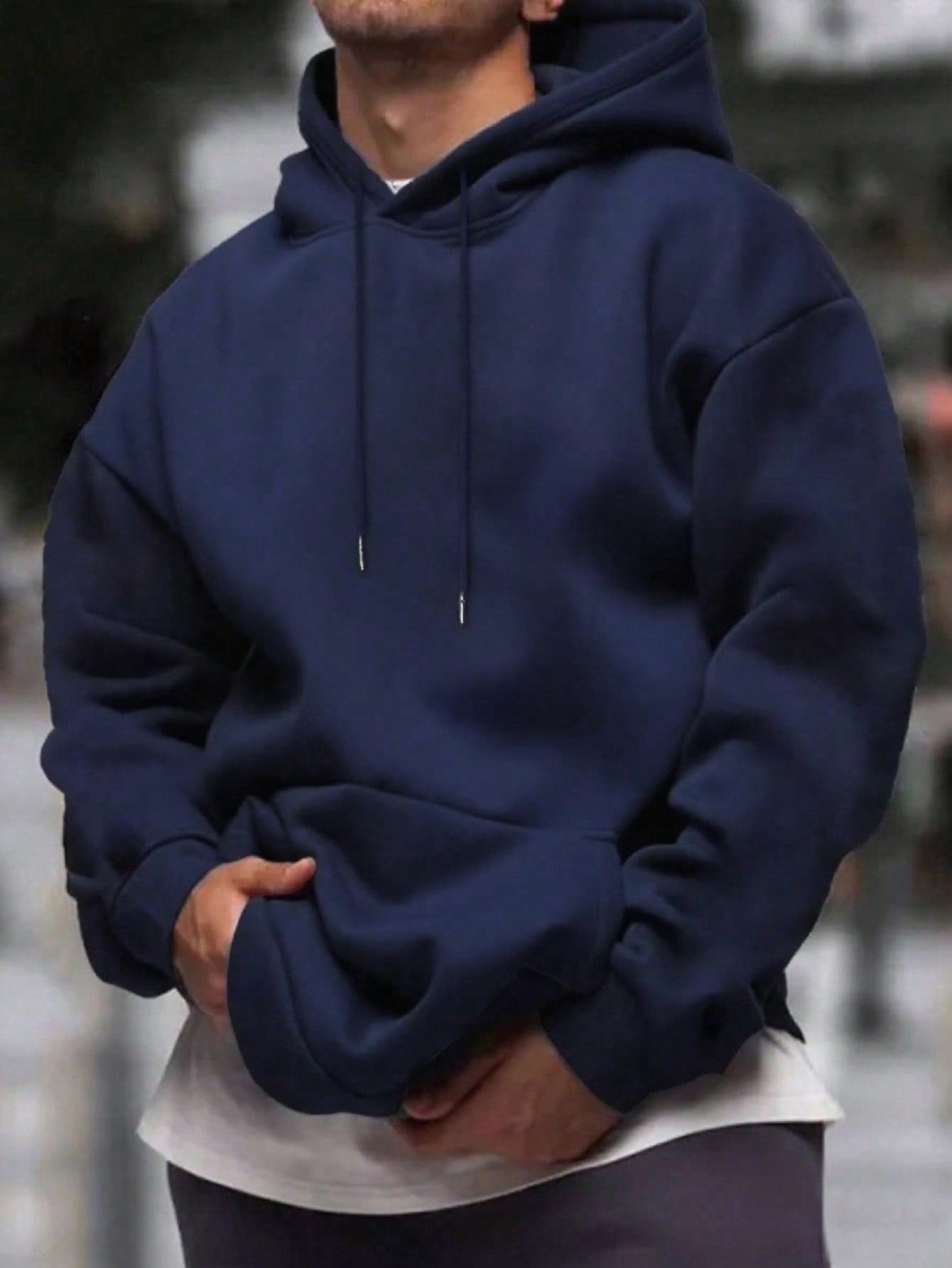 Men's Solid Color Drop Shoulder Long Sleeve Drawstring Pocket Casual Hoodie
