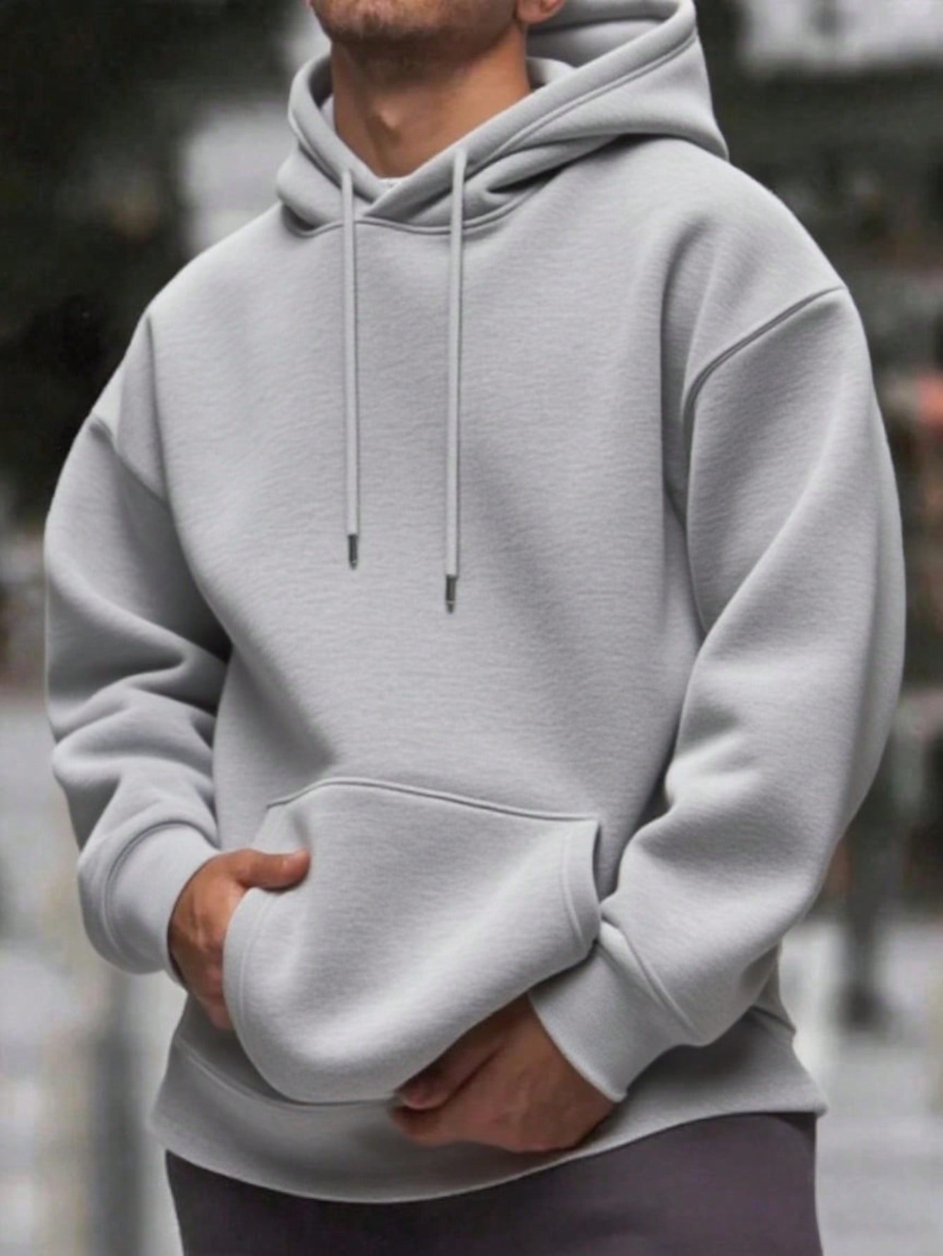 Men's Solid Color Drop Shoulder Long Sleeve Drawstring Pocket Casual Hoodie