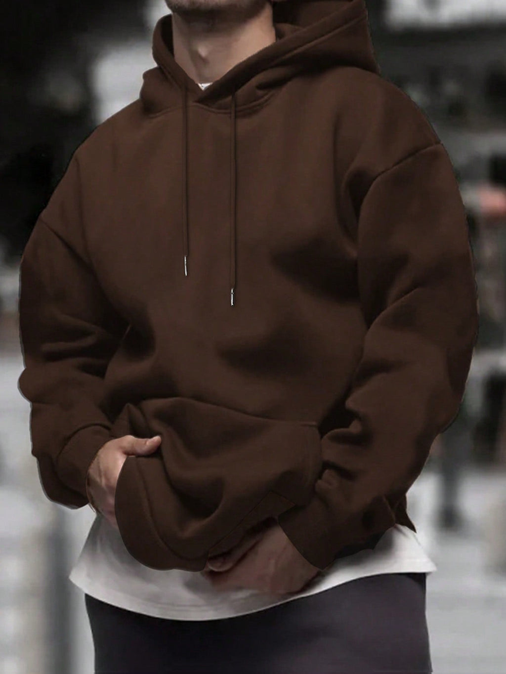 Men's Solid Color Drop Shoulder Long Sleeve Drawstring Pocket Casual Hoodie
