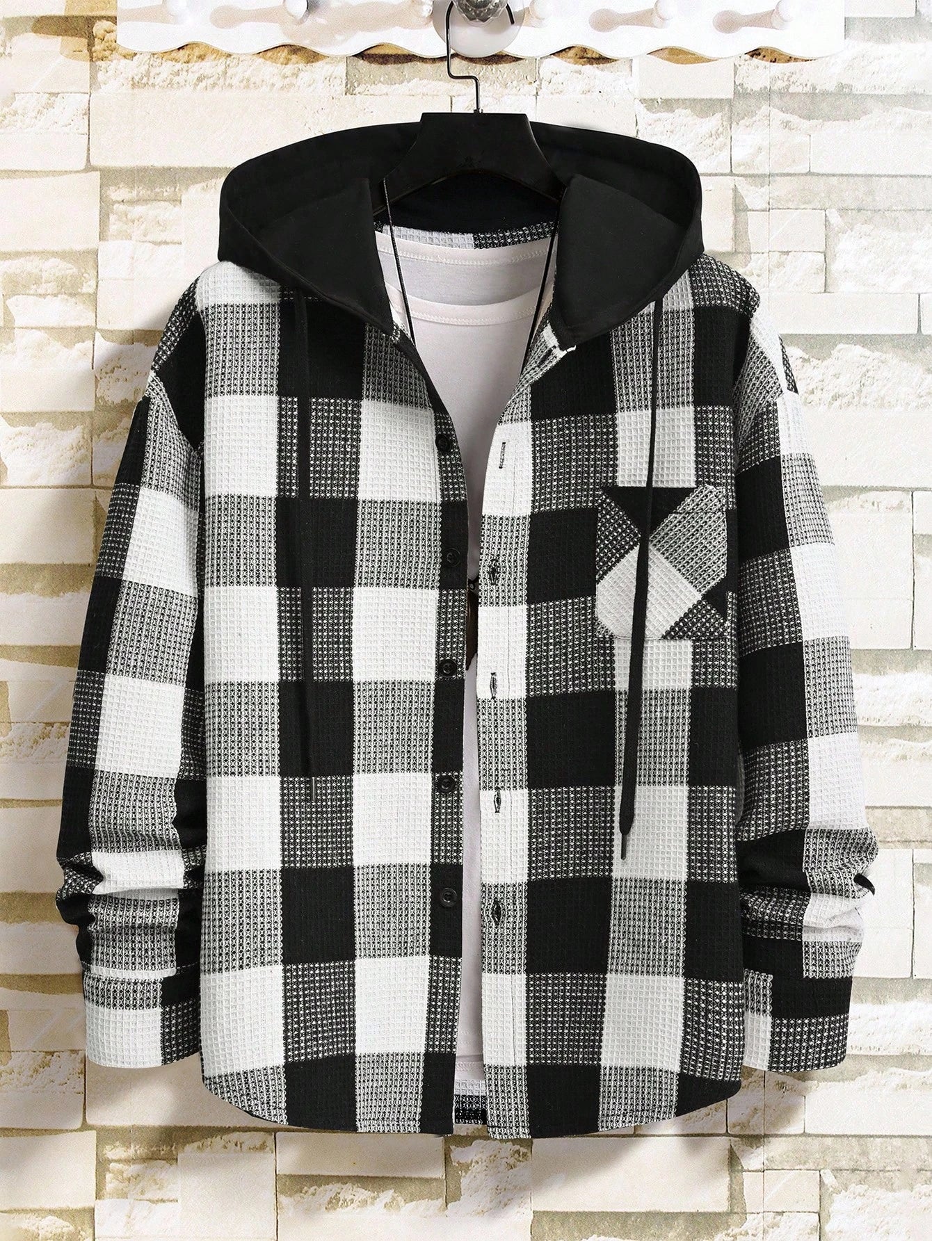 Men's Casual Collegiate Style Floral Print Patchwork Drawstring Hooded Shirt