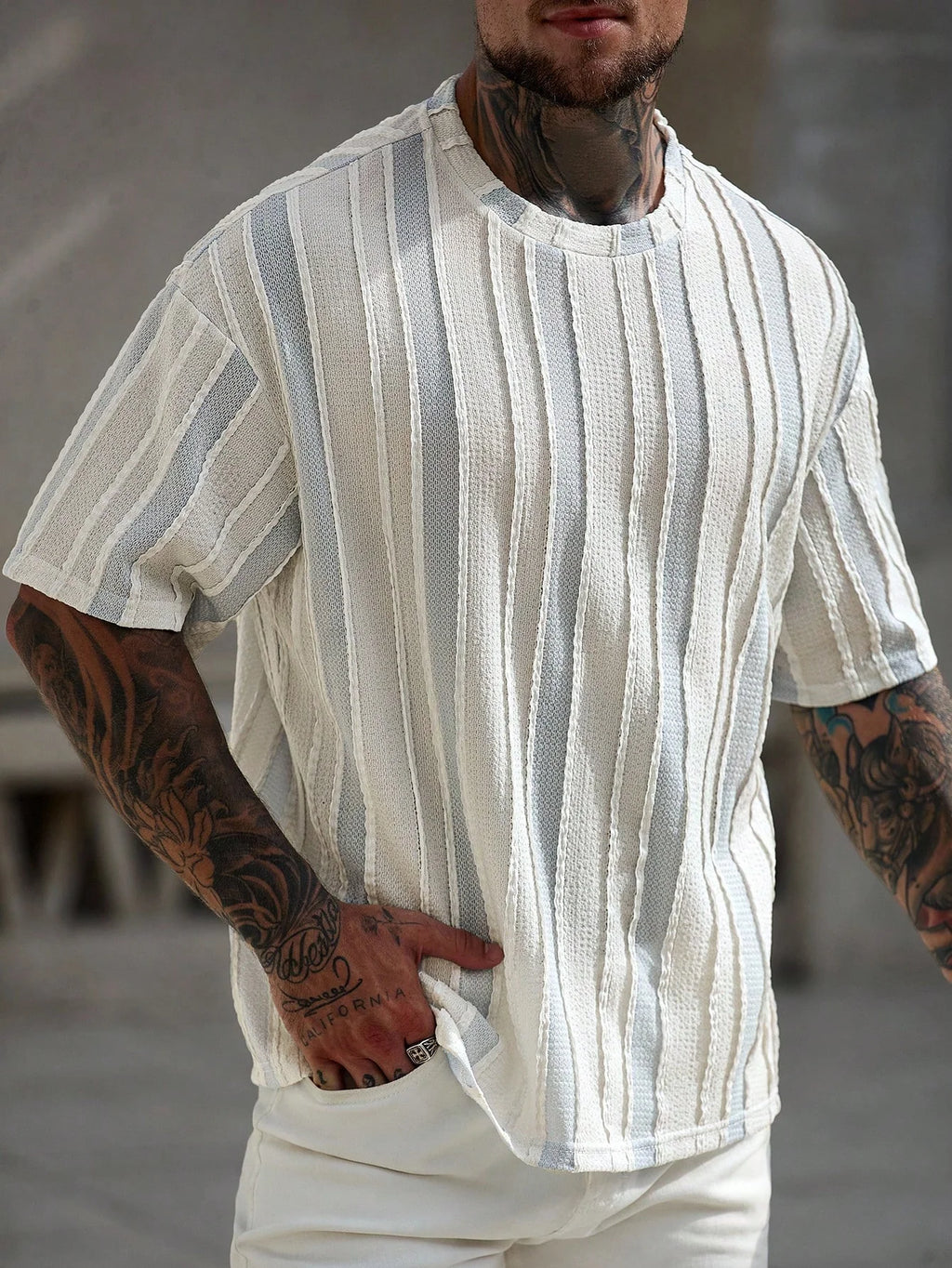 Men's Casual Colorblock Stripe Textured T-Shirt, Summer