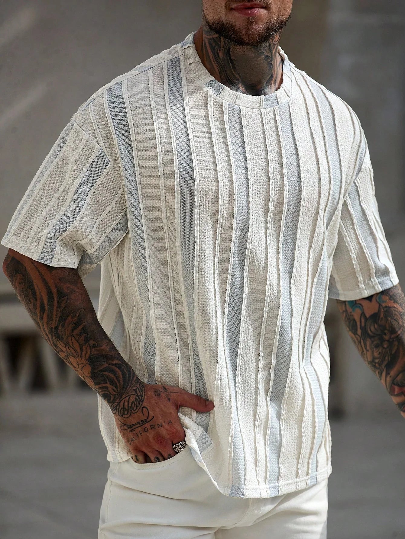 Men's Casual Colorblock Stripe Textured T-Shirt, Summer