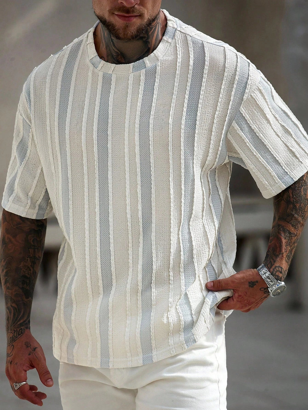 Men's Casual Colorblock Stripe Textured T-Shirt, Summer