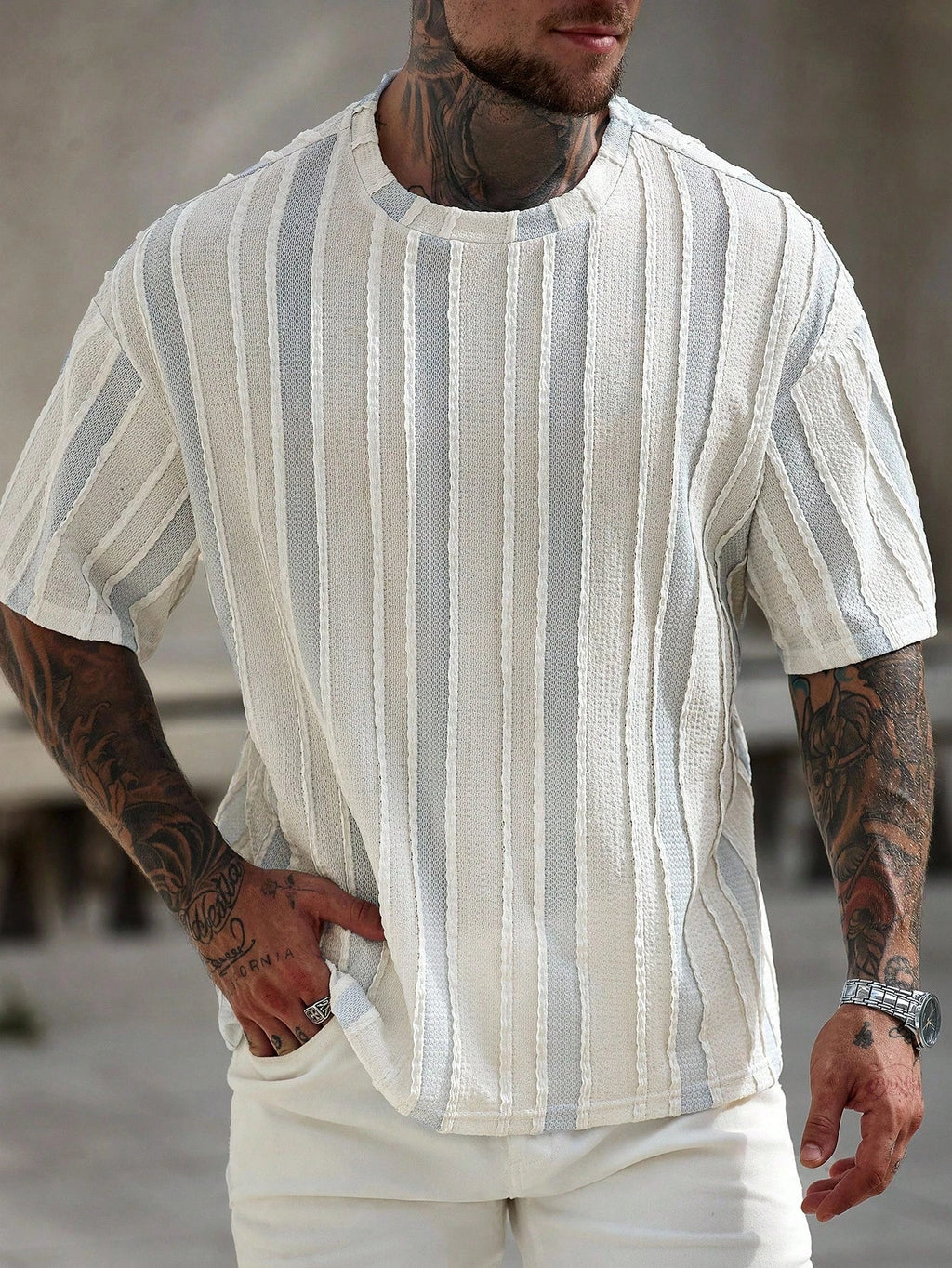 Men's Casual Colorblock Stripe Textured T-Shirt, Summer