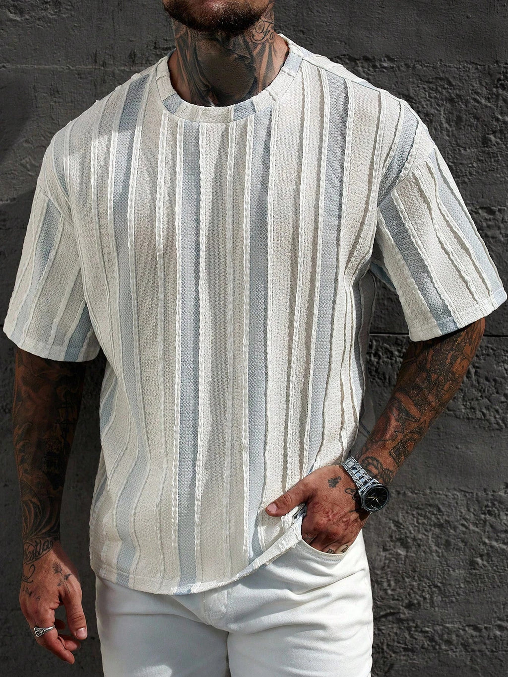 Men's Casual Colorblock Stripe Textured T-Shirt, Summer